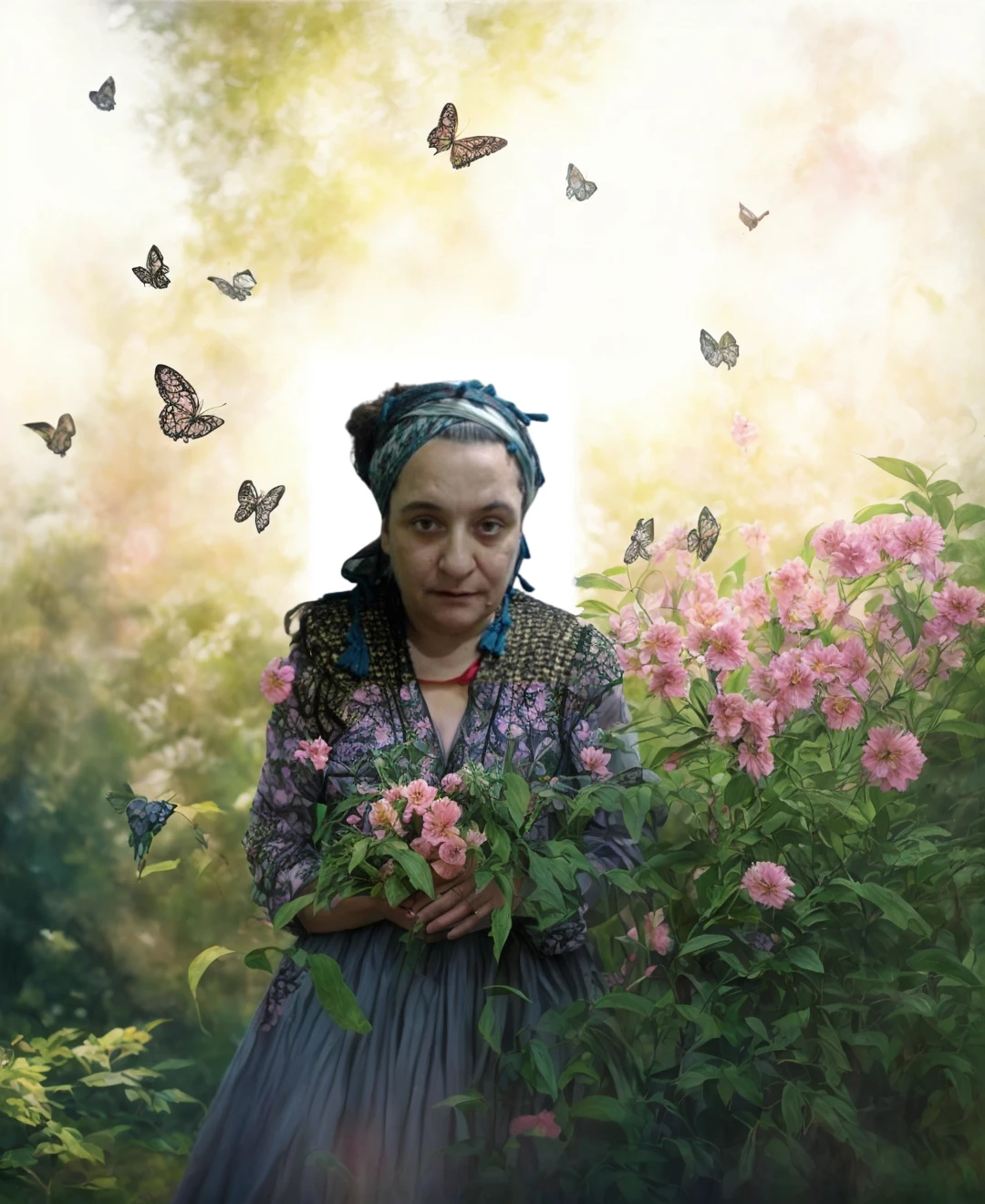(best quality,ultra-detailed),(realistic,photorealistic:1.37),a girl with long flowing hair,beautiful detailed eyes,beautiful detailed lips,medium:oil painting,standing in a vibrant garden, surrounded by blooming flowers and lush green trees.Medium:canvas with vibrant colors,ray of sunlight shining through the leaves,casting a warm glow on the scene.The girl is wearing a flowing dress, gracefully holding a bouquet of colorful flowers in her hands.Her face is full of joy and serenity, radiating a sense of inner peace.Wild butterflies are fluttering around her, adding a touch of whimsy to the scene.In the background, a gentle stream flows through the garden, reflecting the beauty of the surroundings.The overall color tone is warm and inviting, with a mix of vibrant hues and soft pastels.The garden is alive with vibrant blooms, showcasing the beauty of nature in full bloom.The lighting is soft and natural, with sunlight filtering through the leaves, creating a play of light and shadow on the girl's face and the garden.Gently swaying in the breeze, the girl's hair adds a sense of movement and liveliness to the painting.A sense of tranquility and harmony permeates the entire scene, capturing a moment of serenity in nature.