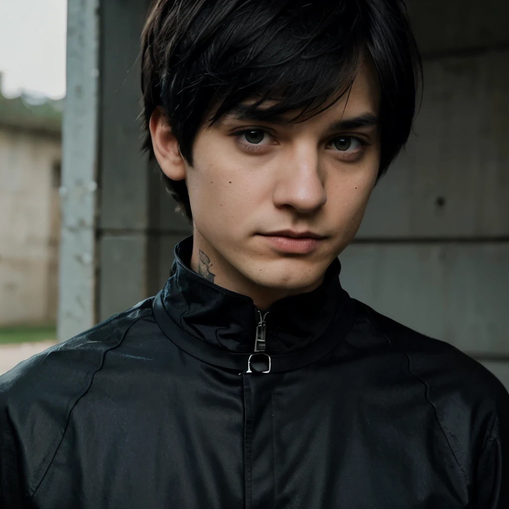 Emo Tobey Maguire with emo haircut with bangs and has black eyeliner and is wearing all black with his collar popped up with a cool cocky expression on his face