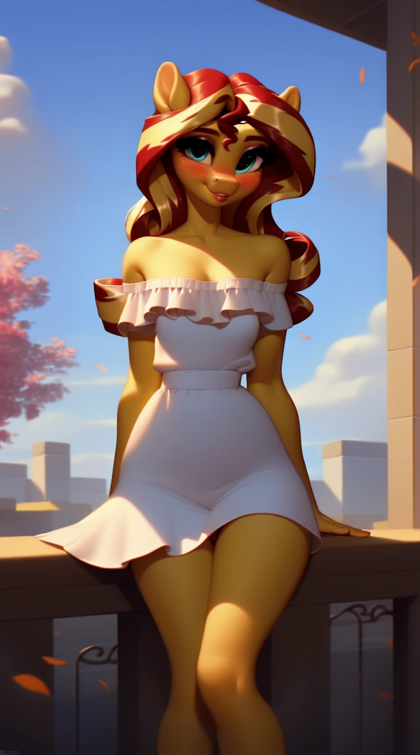 (score_9), (source_ derpibooru_p_95), (earth pony), ((anthro sunset shimmer :1.1)), (shoulderless cute sun dress), very cute, blushing, shy smile, solo, realistic long brown hair, anatomically correct, small breasts, solo, skinny, high res, pink bottom lip, extremely detailed, teenager, absolutely stunning,
