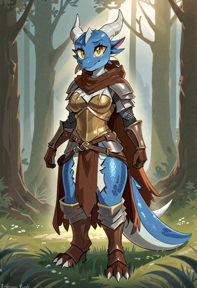 anthropomorphic kobold, female, she has well-detailed blue scales, she has curved horns with white divisions, she has long furry ears, she has beautiful well-detailed yellow eyes, she has wide hips, she is wearing a medieval armor, she is wearing a ruined and torn light brown poncho, she is standing in grass, in the background there is a forest, 2d art style, full body view from the front and looking at the viewer with a happy face .
