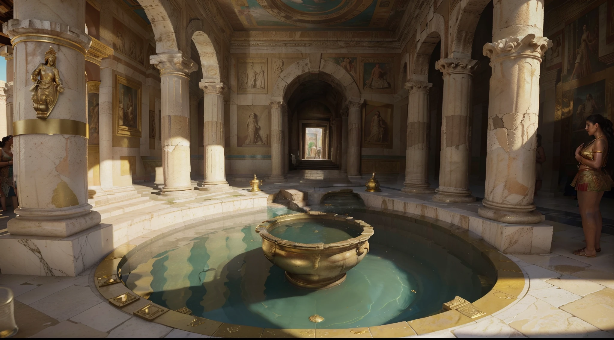 Photography taken in 10 b.c,analog photography,(best quality,4k,8k,highres,masterpiece:1.2),ultra-detailed,(realistic,photorealistic,photo-realistic:1.37),3D rendering,architecture,public bath,ancient Rome, Pompeii , colorful walls and gold plated columns.(((crowded with people))) in antique roman clothes.