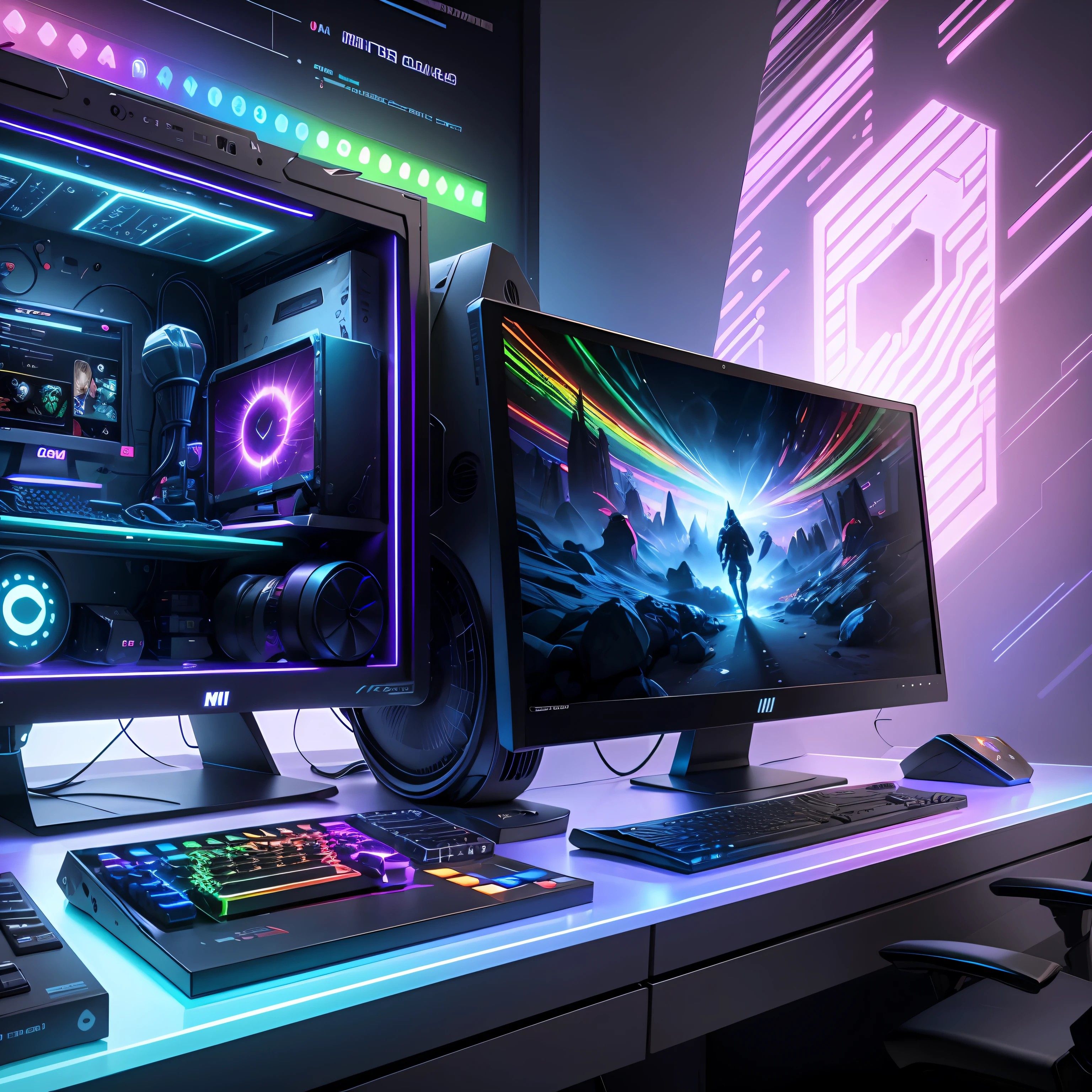 A complete gamer setup with a lot of RGB around, with 32-pelled gamer monitor and an RTX 4090 video card in the case, realistic image, detailed image, 16K, photo taken from iPhone 13 --auto --s2