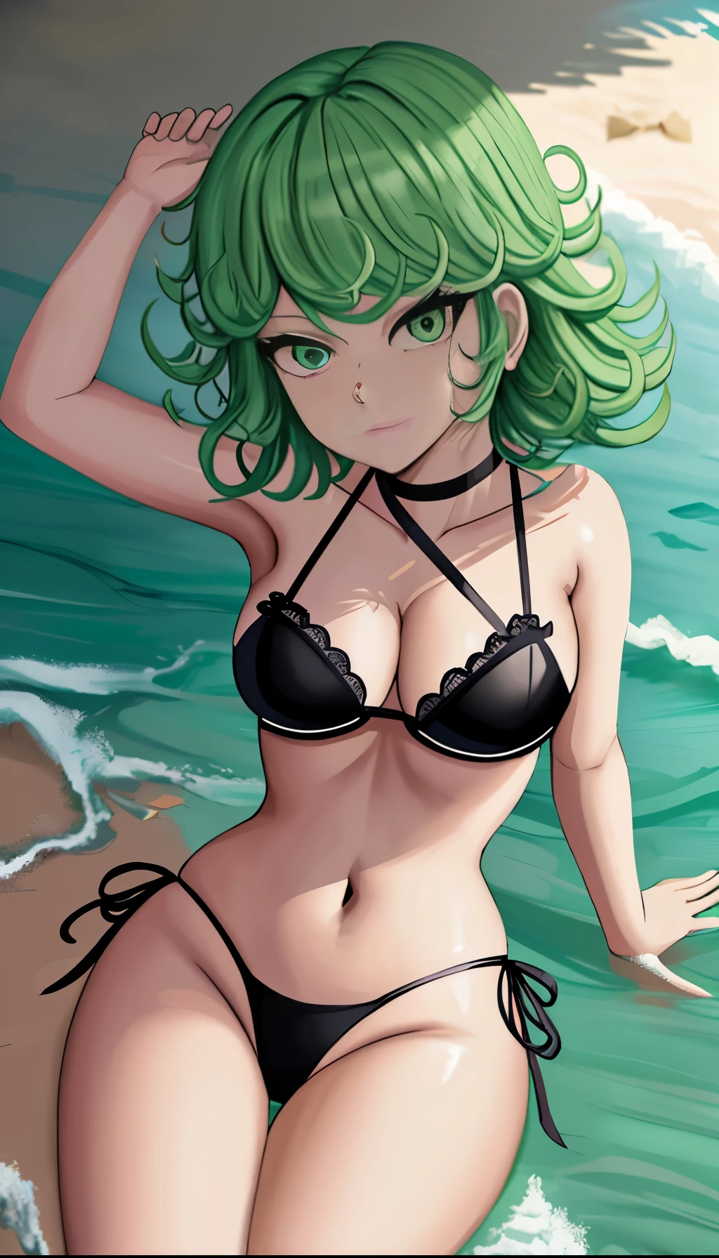 Chica de anime acostada en una cama con una botella de cerveza, Tatsumaki de One Punch Man, Tatsumaki, Tatsumaki con cabello verde rizado, en una playa, Fanart de alta calidad, en la playa, Tendencias en ArtStation Pixiv, Guweiz en Pixiv Artstation, Fanart exquisito altamente detallado, Artgerm extremadamente detallado, Arte Zerochan,bikini ajustado,sentado,piernas cruzadas.