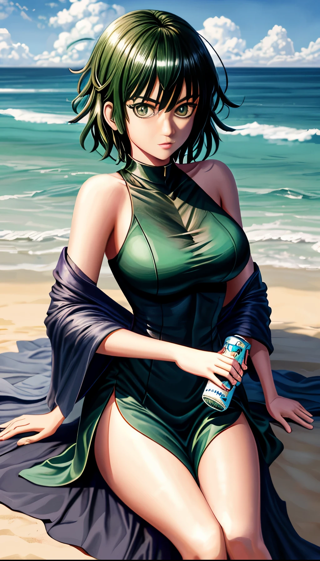 Chica de anime acostada en una cama con una botella de cerveza, Fubuki de One Punch Man, Fubuki, Fubuki con cabello verde rizado, en una playa, Fanart de alta calidad, en la playa, Tendencias en ArtStation Pixiv, Guweiz en Pixiv Artstation, Fanart exquisito altamente detallado, Artgerm extremadamente detallado, Arte Zerochan