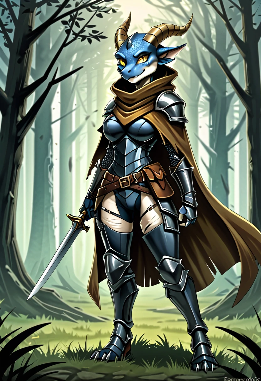 anthropomorphic kobold, female, she has well-detailed blue scales, she has curved horns with white divisions, she has long furry ears, she has beautiful well-detailed yellow eyes, she has wide hips, she is wearing a medieval armor, she is wearing a ruined and torn light brown poncho, she is standing in grass, in the background there is a forest, 2d art style, full body view from the front and looking at the viewer with a happy face .
