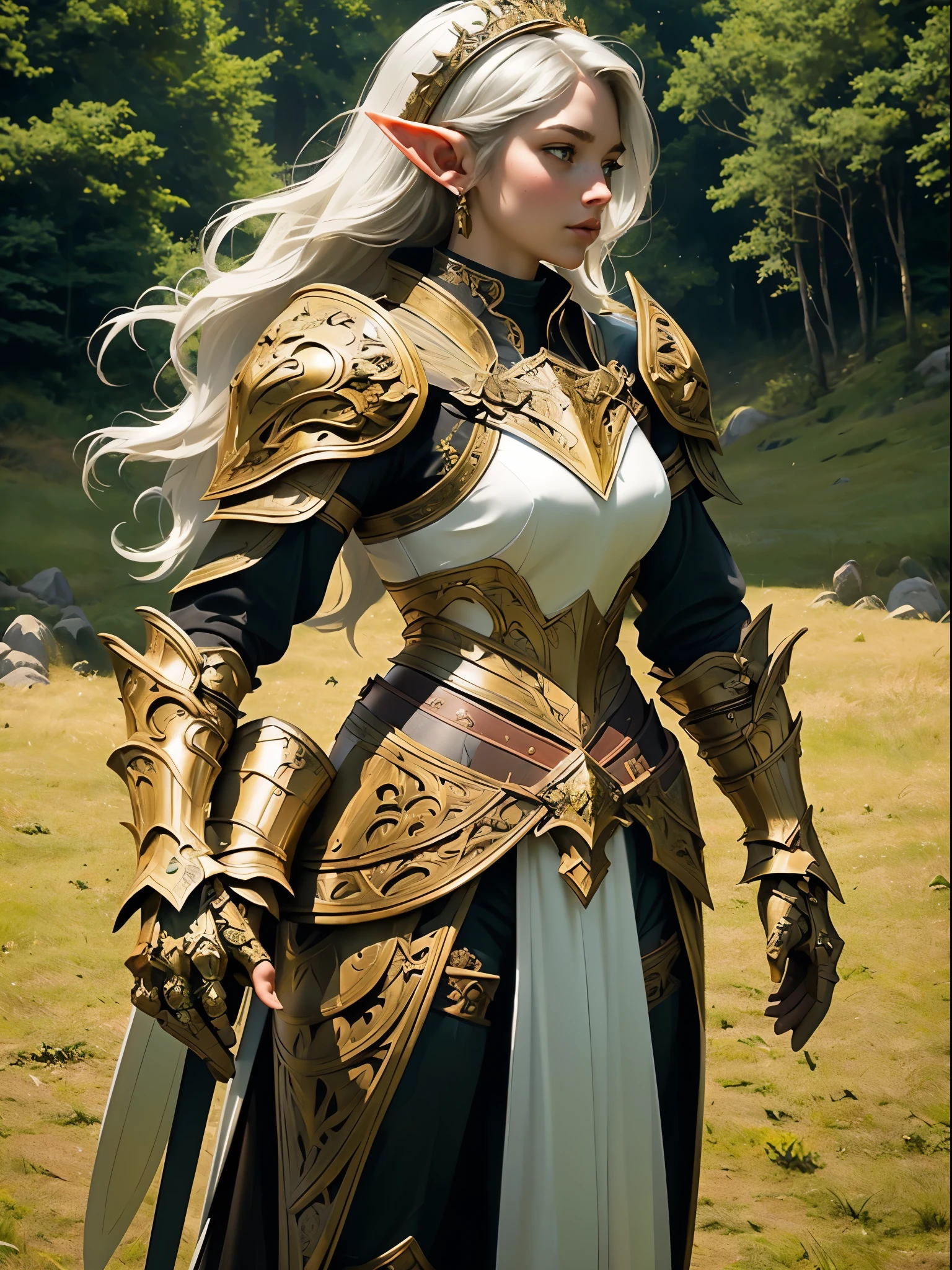 high details, best quality, 8k, [ultra detailed], masterpiece, best quality, (extremely detailed), full body, ultra wide shot, photorealistic, fantasy_world, fantasy art, dnd art, rpg art, realistic art, a wide angle, (((anatomically correct))) a wallpaler of an elf knight, elf warrior, princess knight, shinning knight, ready for battle with her mount (intense details, Masterpiece, best quality: 1.5), female elf (intense details, Masterpiece, best quality: 1.5), ultra detailed face, ultra feminine, fair skin, exquisite beauty, gold hair, long hair, wavy hair, small pointed ears, dynamic eyes color, wearing heavy mech armor, shinning metal, armed with elven sword fantasysword sword, standing near her mount, dynamic mount , green meadows, blue skies background and some clouds background depth of field (intricate details, Masterpiece, best quality: 1.5), full body (intricate details, Masterpiece, best quality: 1.5), high details, best quality, highres, ultra wide angle