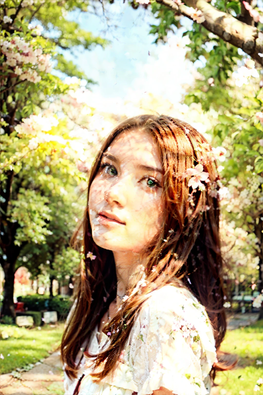 beautiful teen girl photorealistic, a girl with flowing auburn hair and emerald eyes, wearing a soft white dress amidst a blooming cherry blossom garden, the air filled with floating petals and gentle sunlight filtering through the trees, capturing a moment of serene beauty, Photography, DSLR with a 50mm lens, --ar 16:9