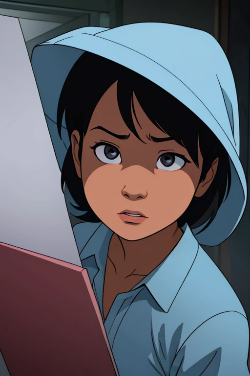 In a comic style, draw the face of an scared Asian girl kid, with short black hair, bluish gray eyes. in a dark backgound