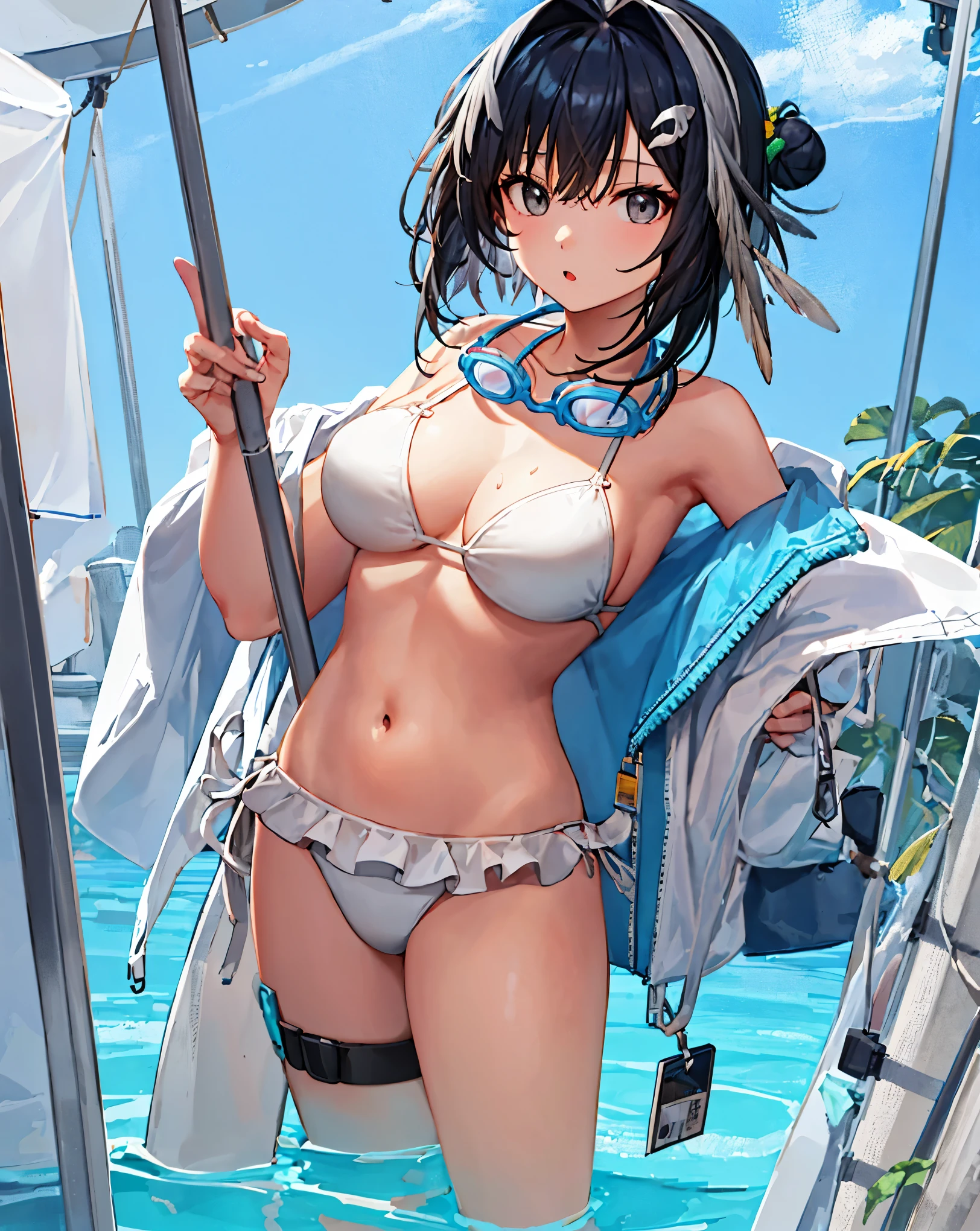 white background,
1girl,solo,
lapluma,laplumaswimsuit,
black hair,short hair,ahoge,hairclip,sidelocks,hair intakes,
feather hair,hair clip,wing hair ornament,single hair bun,
black eyes,
white bikini,frilled bikini,open jacket,
goggles around neck,id card,thigh strap,