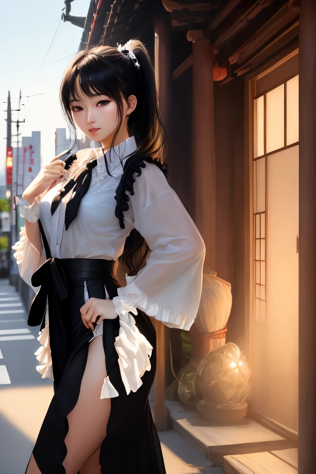 最high quality、high quality、best image quality、8K、最High resolution、High resolution、最high quality、masterpiece、RAW photo、whole photo、realistic atmosphere、(detailed face)、(fine hands、thumb1reference4)、(beauty of japan )、very nice face、beautiful face、((beautiful japanese girl))、(japanese woman), ((18 year old beautiful girl))、(glossy black hair)、(long straight hair)、((ponytail))、whole body、(small round upturned chest)、slim style、(shiny skin)、(Fair skin)、realistic human skin、realistic human body structure、perfect body, perfect face, perfect hands, perfect fingers, perfect lips, perfect eyes,perfect teeth、perfect background, beautiful skin,looking at camera、natural soft light、The shape of the nipple is clearly visible、The shape of the genitals is clearly visible、in tokyo akihabara、on the road、in the crowd、((sheer random color(English Made, Ruffled headband, ruffle blouse, ribbon tie, Pinnafor, Slit Long Skirt, puff sleeves, black heels))