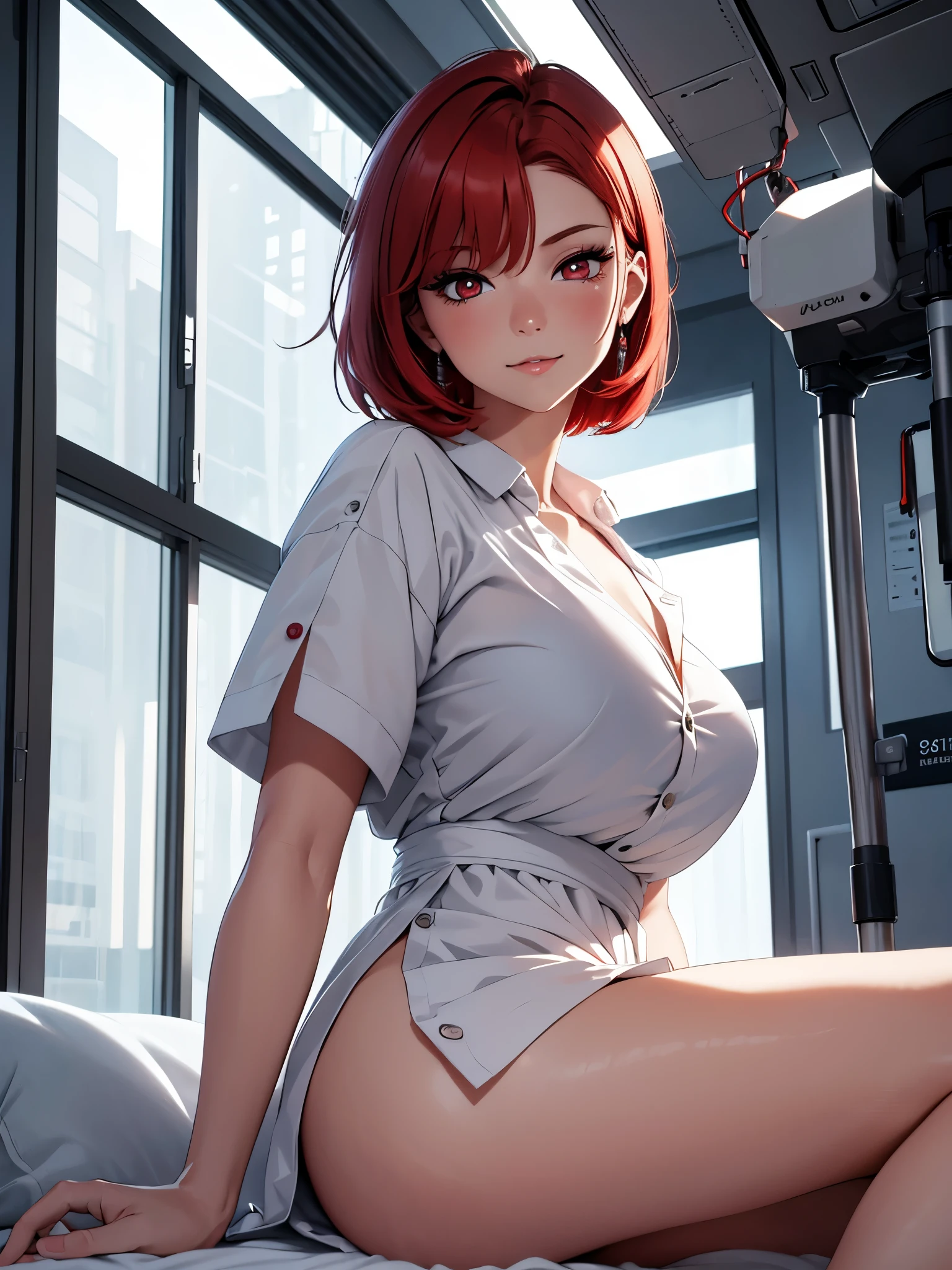 (best quality,4k,8k,highres,masterpiece:1.2),ultra-detailed,(realistic,photorealistic,photo-realistic:1.37),vivid colors,bokeh, 1 mature woman, beautiful detailed eyes, beautiful detailed lips, Alone, wearing white nurse shirt, detailed outfit, tight shirt, buttons on dress, white nurses cap, mask on mouth, chest curtains, perfect anatomy, attractive, large red eyes, short red hair, rendered eyes, detailed eyes, alluring, nice hands, perfect eyes, detailed eyes, detailed short red hair, attractive woman , on hospital bed, lying pose, simple pose, ass on the backside of painting, chest pressed against bed, looking down on viewer, lusty expression, confident, little smile, treating viewer, hospital background, machines from hospital, hospital curtain in left side of background, simple background, dark atmosphere, professional lighting, vivid colors, shot from below