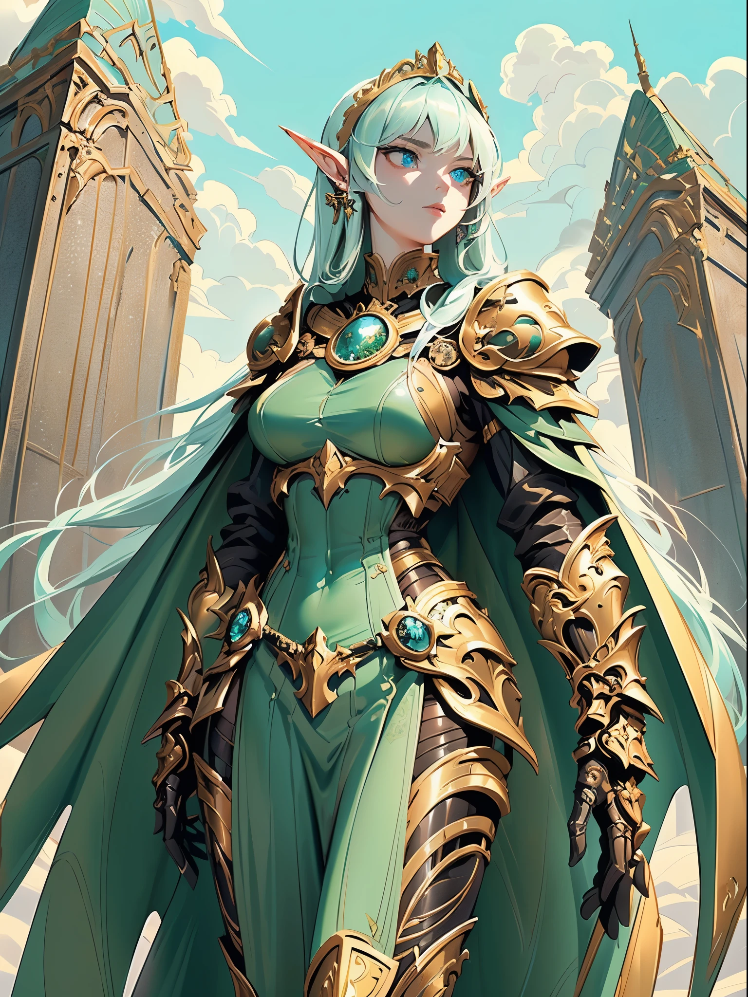 high details, best quality, 8k, [ultra detailed], masterpiece, best quality, (extremely detailed), full body, ultra wide shot, photorealistic, fantasy_world, fantasy art, dnd art, rpg art, realistic art, a wide angle, (((anatomically correct))) a wallpaler of an elf knight, elf warrior, princess knight, shinning knight, ready for battle with her mount (intense details, Masterpiece, best quality: 1.5), female elf (intense details, Masterpiece, best quality: 1.5), ultra detailed face, ultra feminine, fair skin, exquisite beauty, gold hair, long hair, wavy hair, small pointed ears, dynamic eyes color, wearing heavy mech armor, shinning metal, armed with elven sword fantasysword sword, standing near her mount, dynamic mount , green meadows, blue skies background and some clouds background depth of field (intricate details, Masterpiece, best quality: 1.5), full body (intricate details, Masterpiece, best quality: 1.5), high details, best quality, highres, ultra wide angle