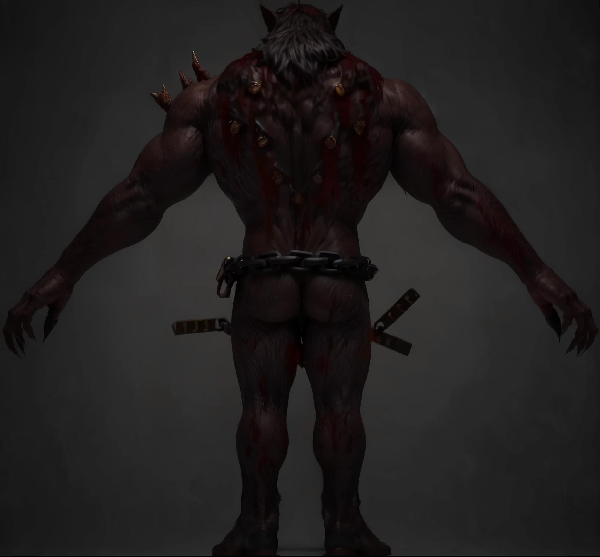 (masterpiece),(best quality:1.0),(ultra high resolution:1.0),monster, werewolf, zombie wolf, zombie , body hairs, chains, back ,claws, fangs, wolfteam, 8k wallpaper, full body