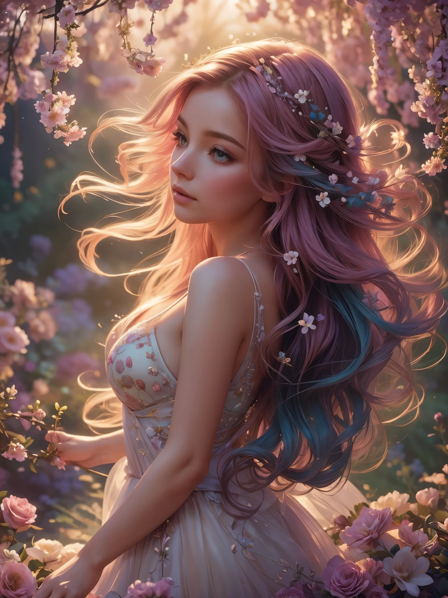 soft lighting, dreamy atmosphere, ethereal aesthetic, fantasy theme, nature elements, floral background, delicate details, flowing hair, whimsical pose, vibrant colors
