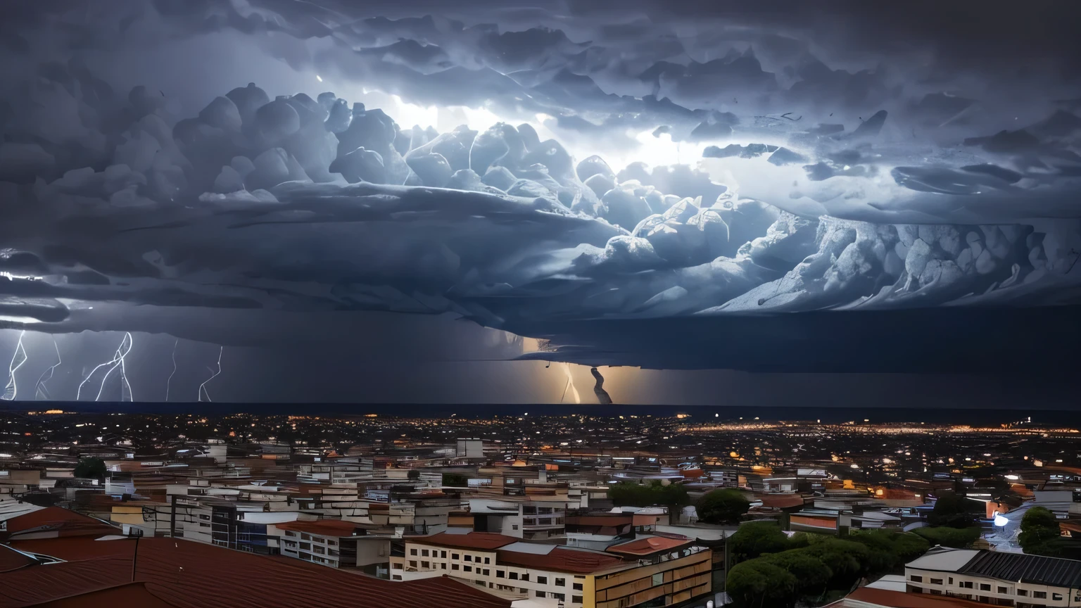 Artistic representation of the storm that hit the province of Córdoba, Argentina. escuro, heavy clouds hover over urban areas, destacando a intensidade das chuvas. Ruas alagadas em Villa General Belgrano, with people and vehicles trying to protect themselves from the effects of the flood. Ao fundo, Residents share videos and records on social media, evidenciando o impacto das tempestades na comunidade.