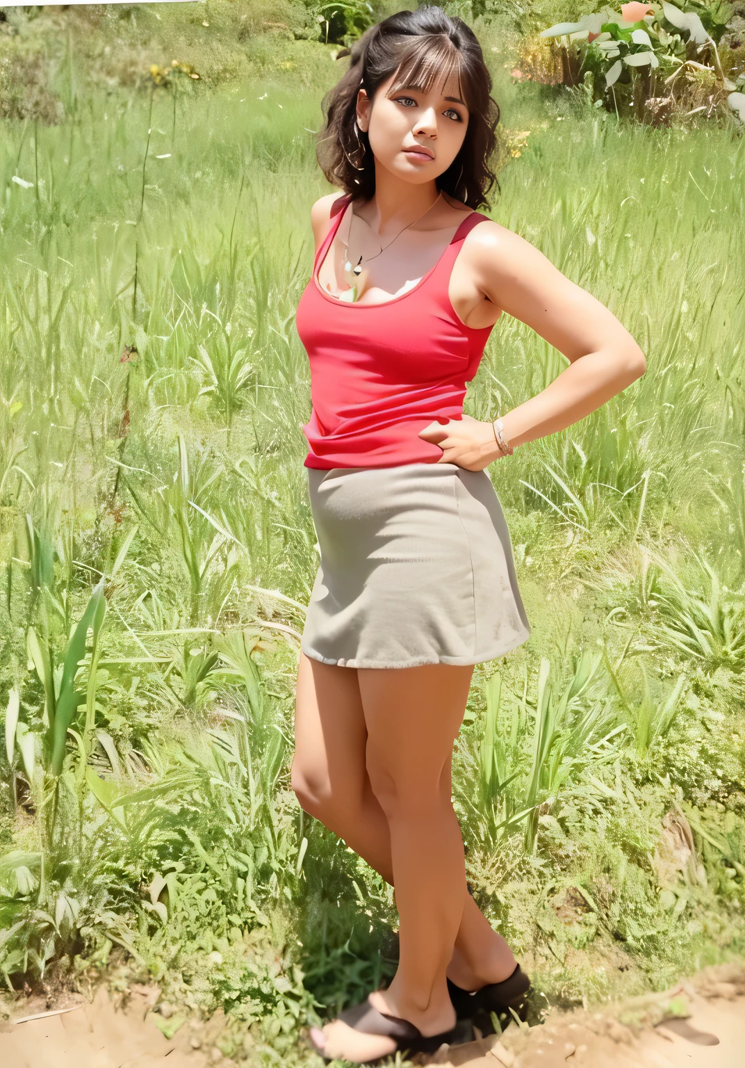 there a woman standing no campo with a red top, mini-saia, ao ar livre, com uma saia vermelha, em um campo gramado, wearing honey - themed mini-saia, standing em um campo gramado, em um campo de grama, em um campo verde aberto, saia, corpo todo:: tempo ensolarado::, saia curta, no campo