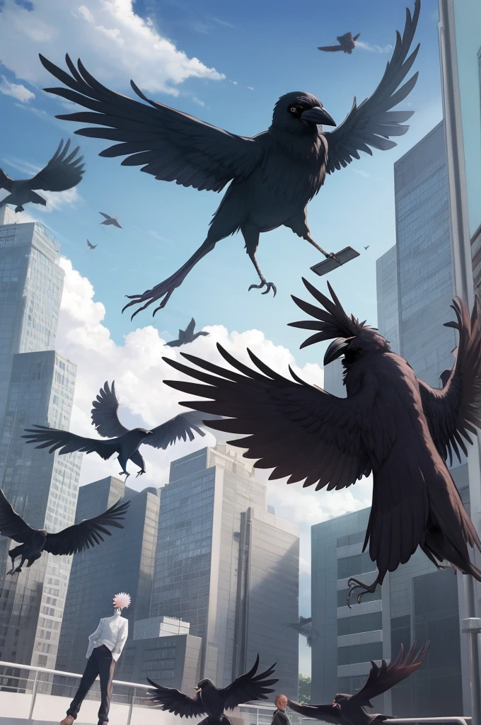 masterpiece, best quality, high quality,
outdoors, street,
looking at viewer,
Mei Mei, jujutsu kaisen, crows flying