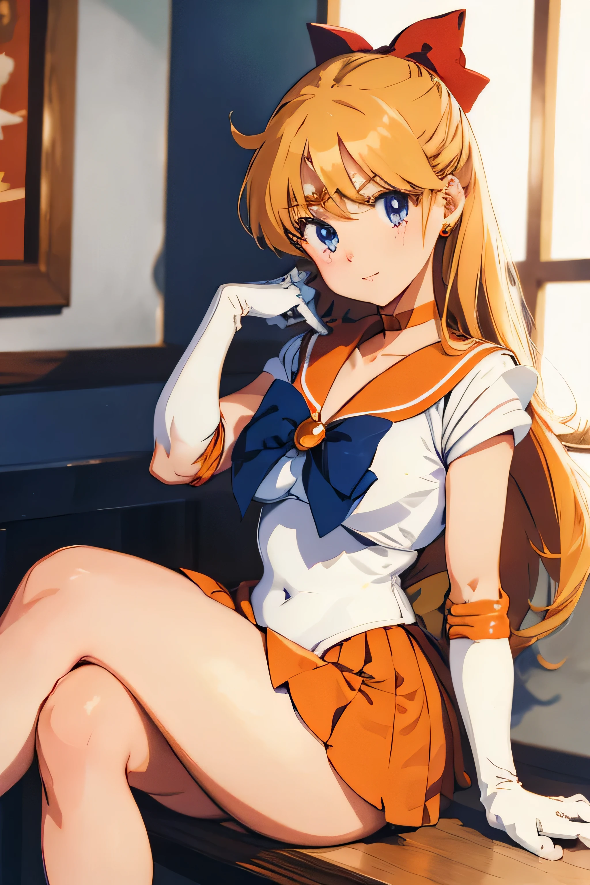 obra maestra, Mejor calidad, high resolution, SV1, Uniforme Marinero Senshi, falda naranja, guantes de codo, tiara, Collar marinero naranja, Arco rojo, gargantilla naranja, guantes blancos, joyas, (1990s \(Estilo\):0.9), Detalle de cara, session, piernas cruzadas , Show loot