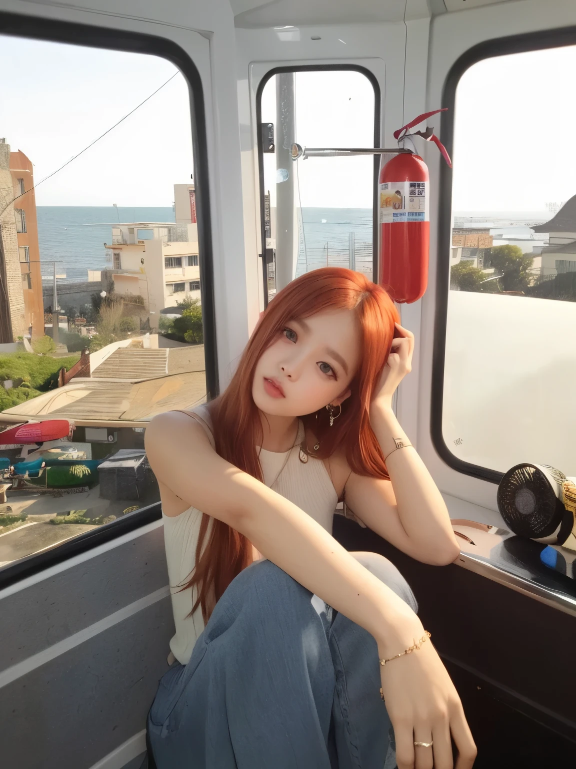 Mujer sentada en un tren mirando por la ventana, jossi de blackpink, parque roseanne de blackpink, ella tiene el pelo largo y renaranjado, ulzzang, Jinyoung Shin, tzuyu de dos veces, She has long orange-brown hair., portrait of jossi de blackpink, Jisoo de Blackpink, Con cabello rojo, Lalisa Manoban de Blackpink, yuqi de gidle