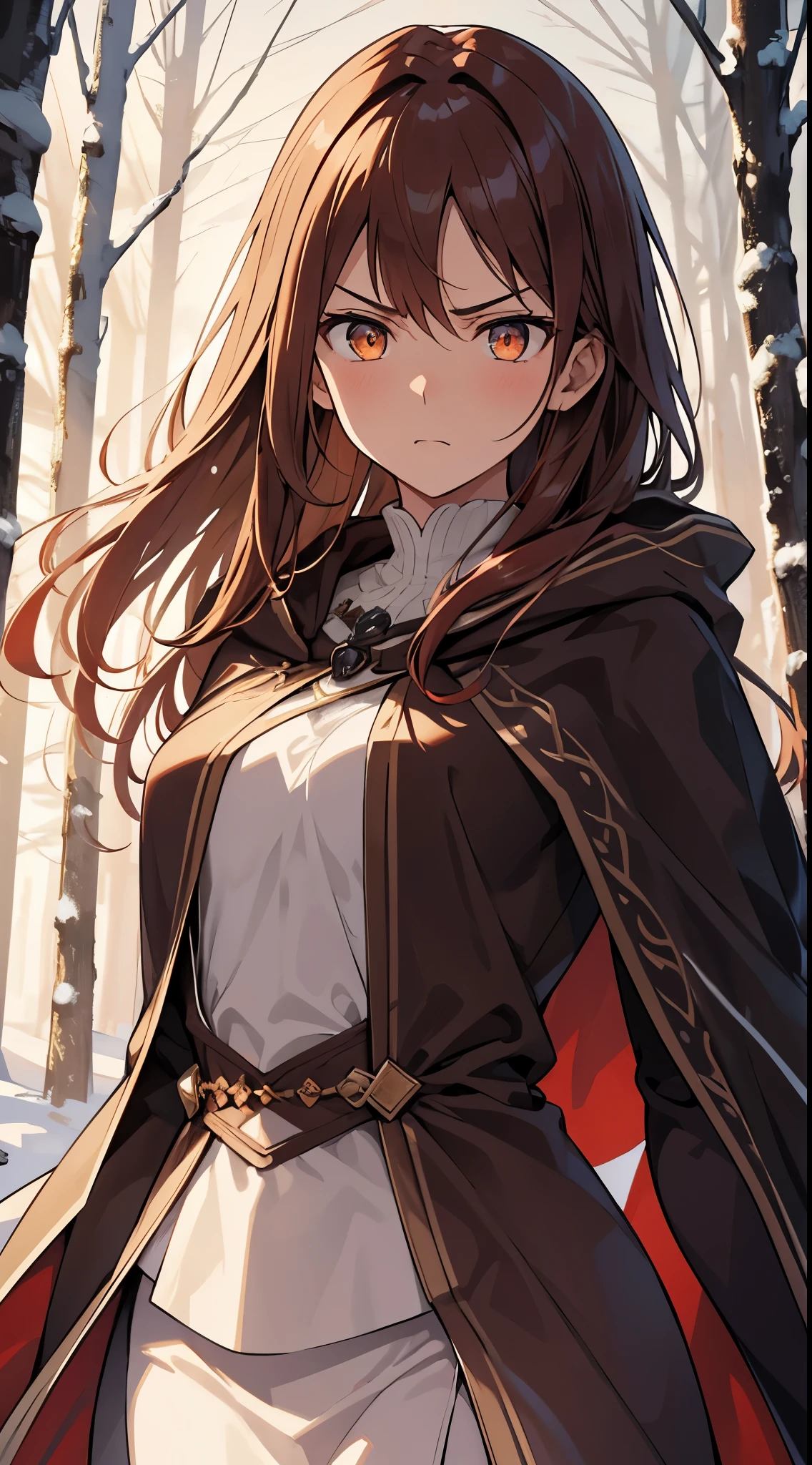 [[[masterpiece:1.2 ultra-detailed, best quality, soft skin, beautiful, 4K, high definition]]] portrait, auburn hair, amber eyes, glowing eyes, long hair, slender body, barrettes, serious expression, elegant, dignified, masterpiece, medieval, winter robes, snowy forest background, brown cloak, cloak down, angry, defiant 