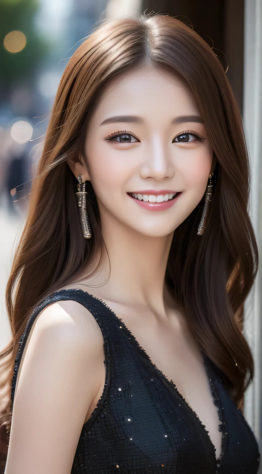 ((highest quality, 8K, masterpiece :1.3)), 1 girl, smile, whole body, slim face, Beautiful woman, (dark brown hair), full length dress :1.1, super detailed face, fine eyes, double eyelid, blur background, slim face, city, outside, street,