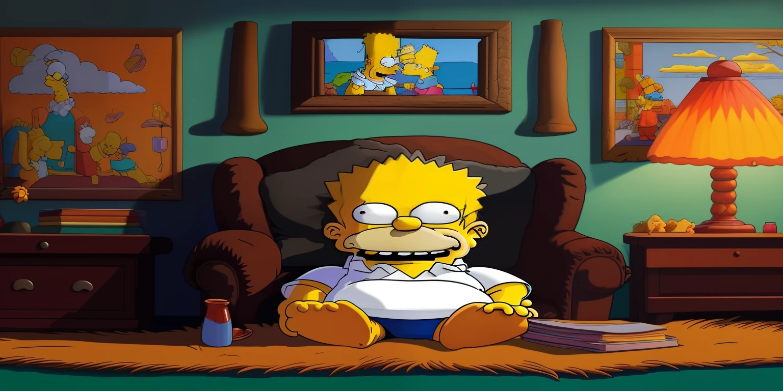Simpsons sentados em uma cadeira em uma sala com fotos na parede, homer simpson fotorrealista, homer simpson, Retrato de Homer Simpson, estilo homer simpson, como se Homer Simpson tivesse ganhado vida, portrait of Bart Simpson, simpsons, Homer Simpson na vida real, Homer Simpson da vida real, Homer Simpson como Mona Lisa, Bart Simpson, estilo simpsons