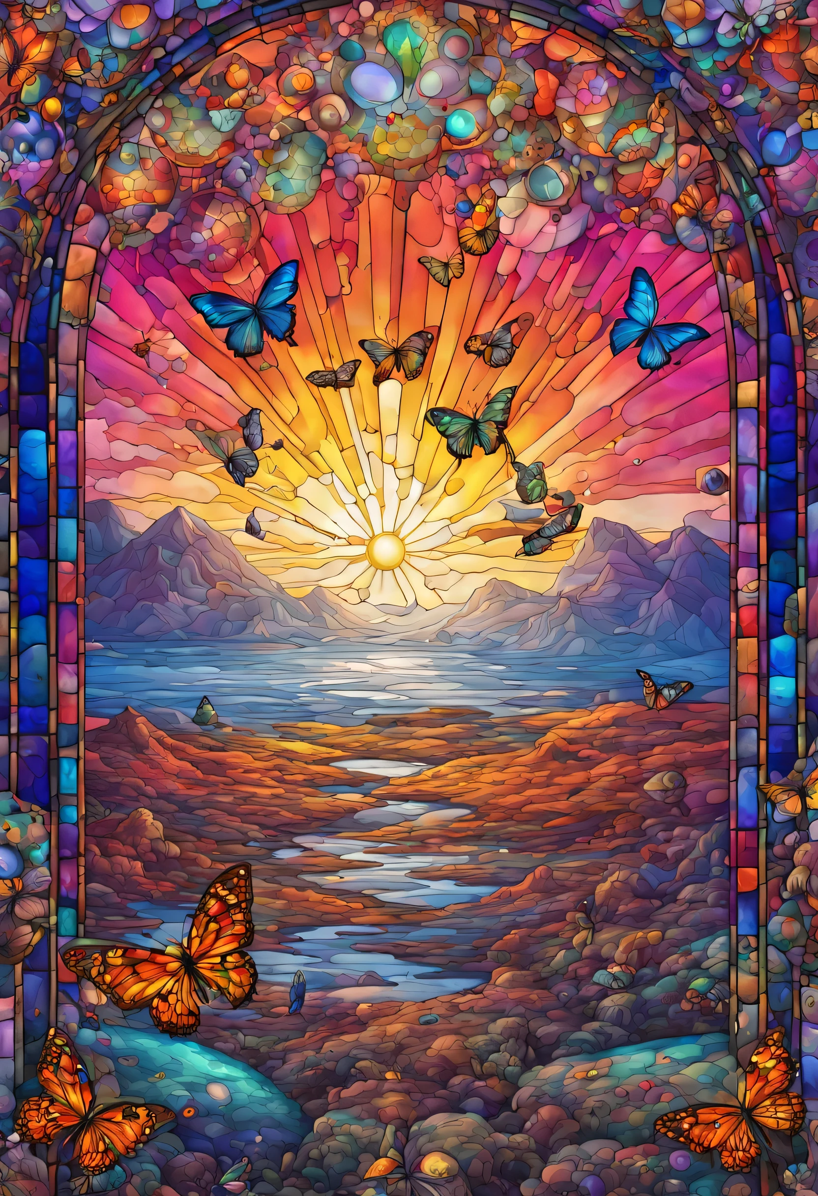 In strange extraterrestrial planete ,A magnificent sunrise, with a flock of butterflies with psychedelic decoration, with skulls scattered on the ground. And a detailed and textured tesseract in the background with colored dust and multicolored drop water, in stained glass windows style,