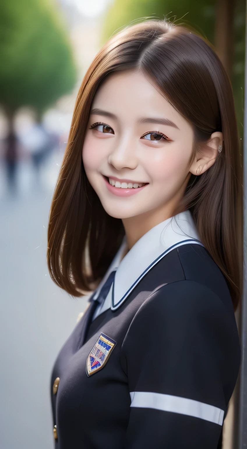 ((highest quality, 8K, masterpiece :1.3)), 1 girl, smile, whole body, slim face, cute woman, (dark brown hair), school uniform :1.1, super detailed face, fine eyes, double eyelid, blur background, slim face, city, outside, street tree