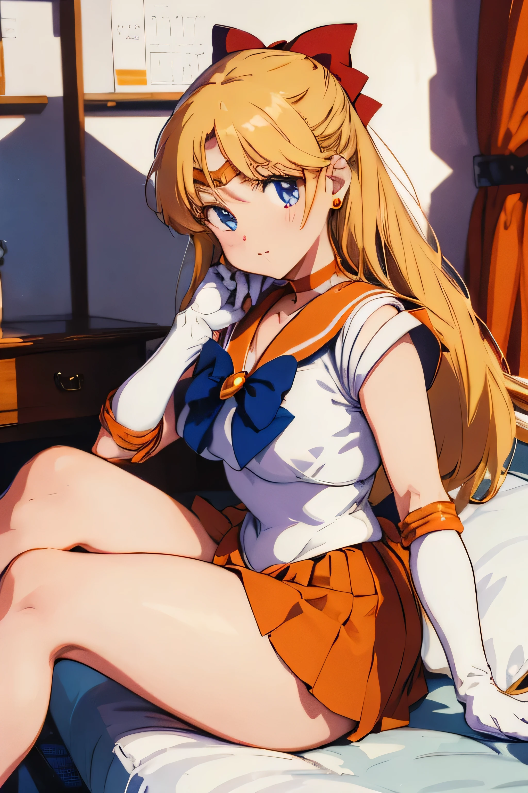 obra maestra, Mejor calidad, high resolution, SV1, Uniforme Marinero Senshi, falda naranja, guantes de codo, tiara, Collar marinero naranja, Arco rojo, gargantilla naranja, guantes blancos, joyas, (1990s \(Estilo\):0.9), Detalle de cara, session, piernas cruzadas , Show loot