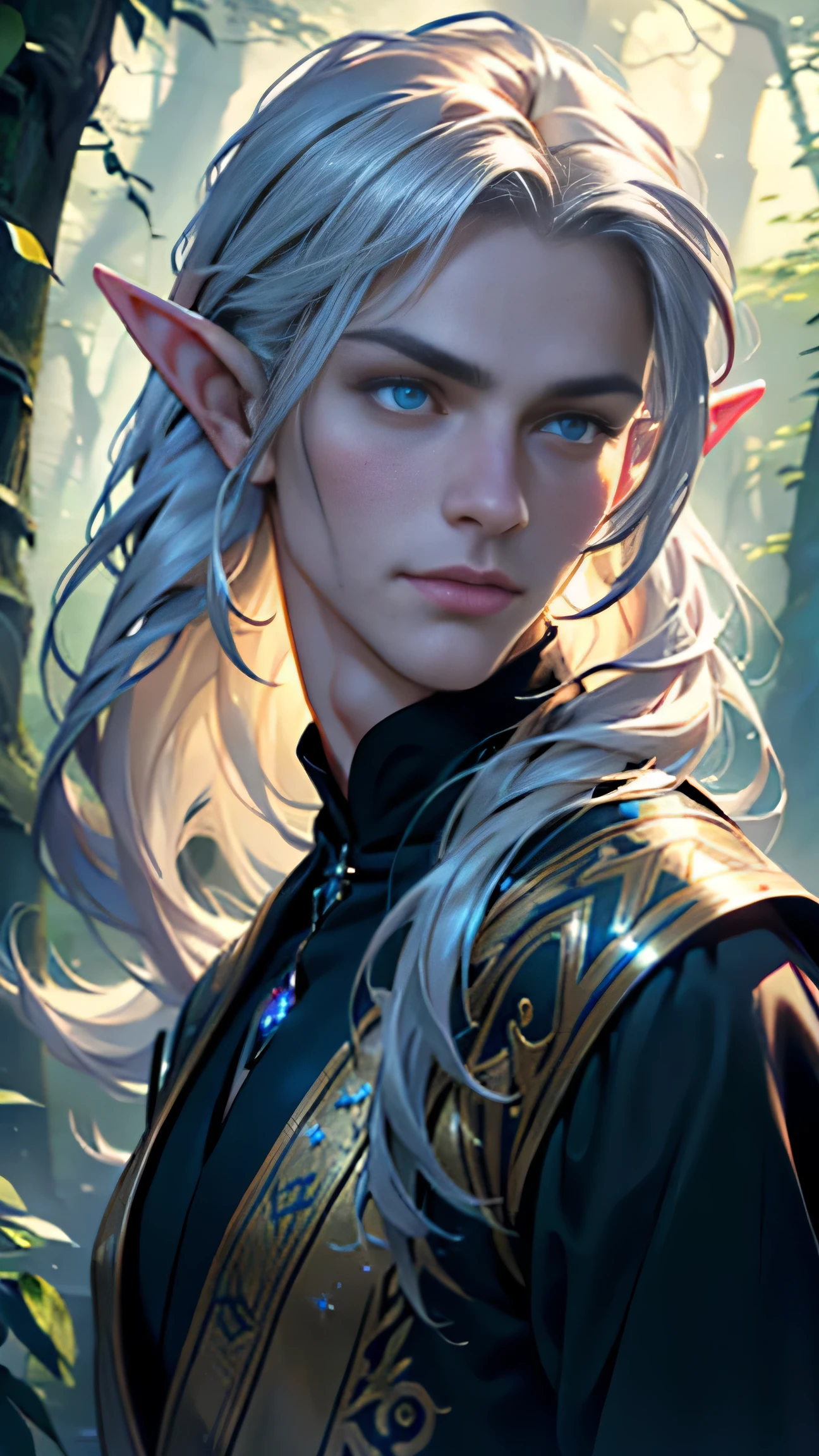 (best quality,4k,8k,highres,masterpiece:1.2),ultra-detailed,(realistic,photorealistic,photo-realistic:1.37),portrait,handsome (((male))) elf ,fantasy,shimmering eyes,long silver hair,,sharp jawline,elegant clothing,enchanted forest background,mystical atmosphere,soft lighting,vibrant colors,ethereal beauty,hint of magic,wisdom,graceful stance,dark and mysterious,alluring gaze,wisps of sparkling dust,fantasy art