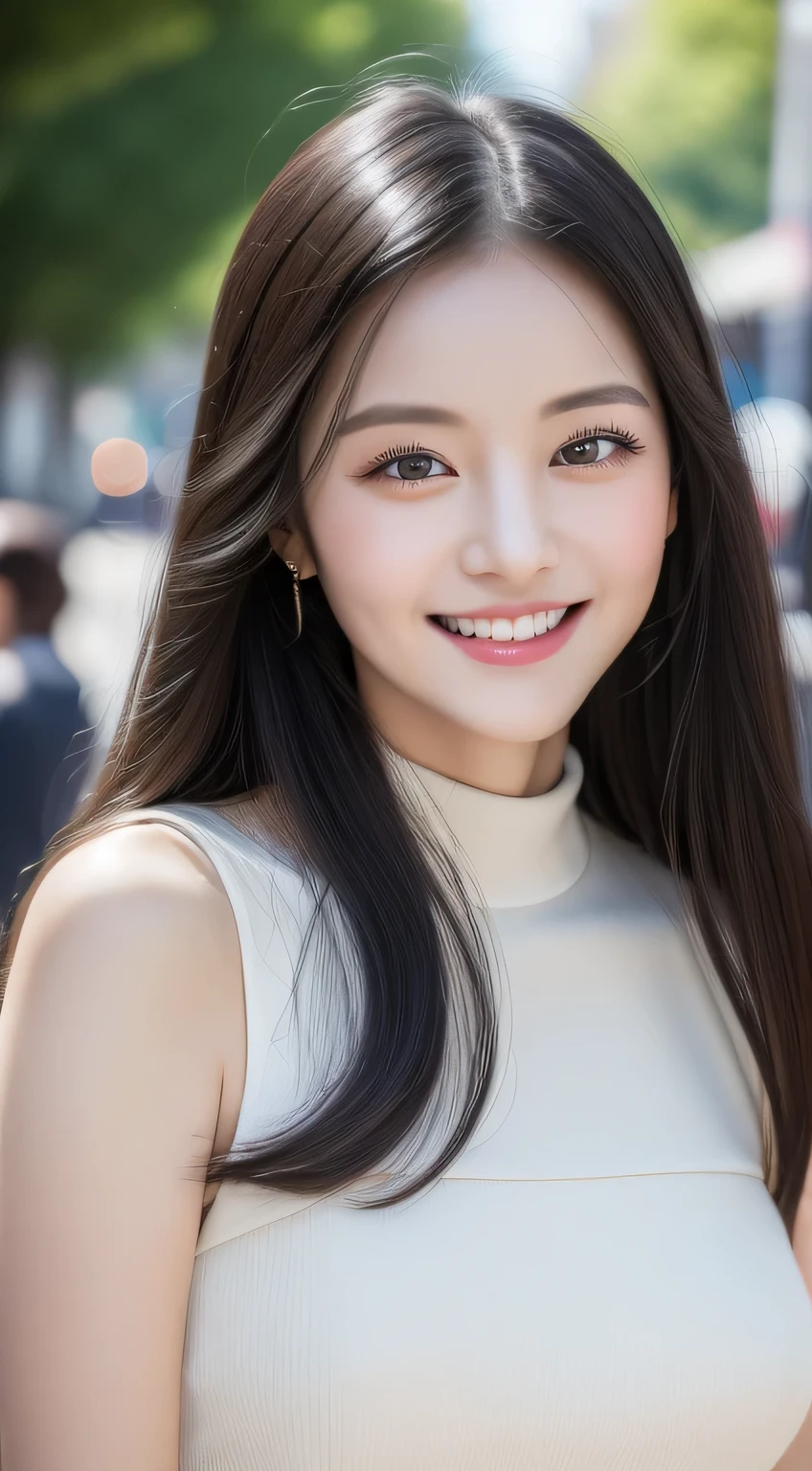 ((highest quality, 8K, masterpiece :1.3)), 1 girl, smile, whole body, slim face, cute woman, (black hair), private server :1.1, super detailed face, Big eyes, double eyelid, blur background, slim face, city, outside, street tree