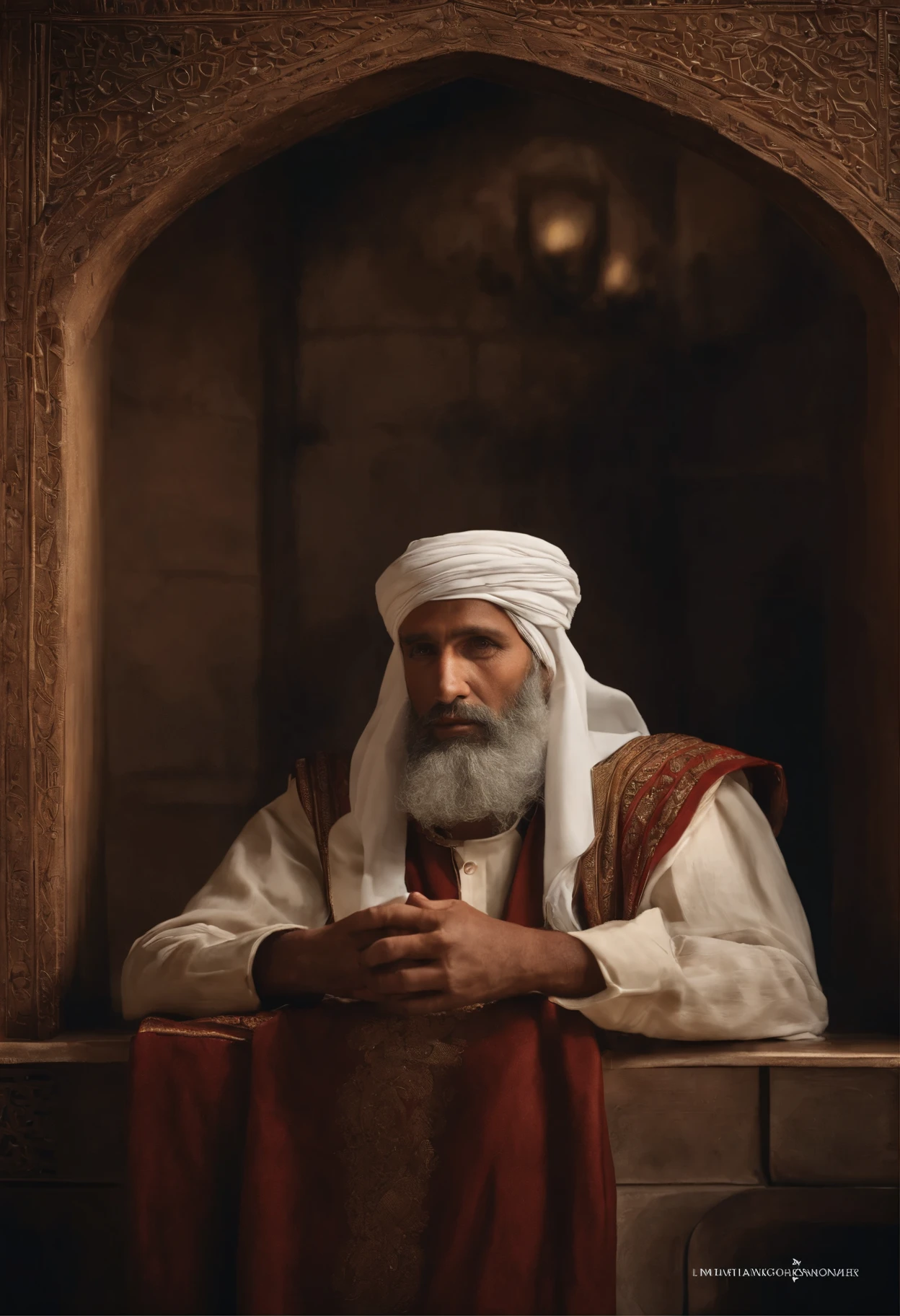 "Por favor, create a hyper-realistic photographic image that depicts the moment when people consulted Zechariah . Na cena, Zacarias, dressed in Muslim costumes from the time of the Roman Empire and with his hair covered,  unable to speak. Ele opta por escrever a resposta EM UMA MESA, indicando: 'His Name  John'. O semblante em seu rosto transmite felicidade e alegria ao revelar o nome . As pessoas ao seu redor, also dressed in Muslim clothing of the time, show expressions of curiosity and contentment. The photography  extremely realistic, with specular illumination, facial light and visible shadows, destacando detalhes intrincados. The image  elaborate and hyper-realistic, capturing the cultural richness of the time and the excitement of the moment, Based on the biblical narrative."