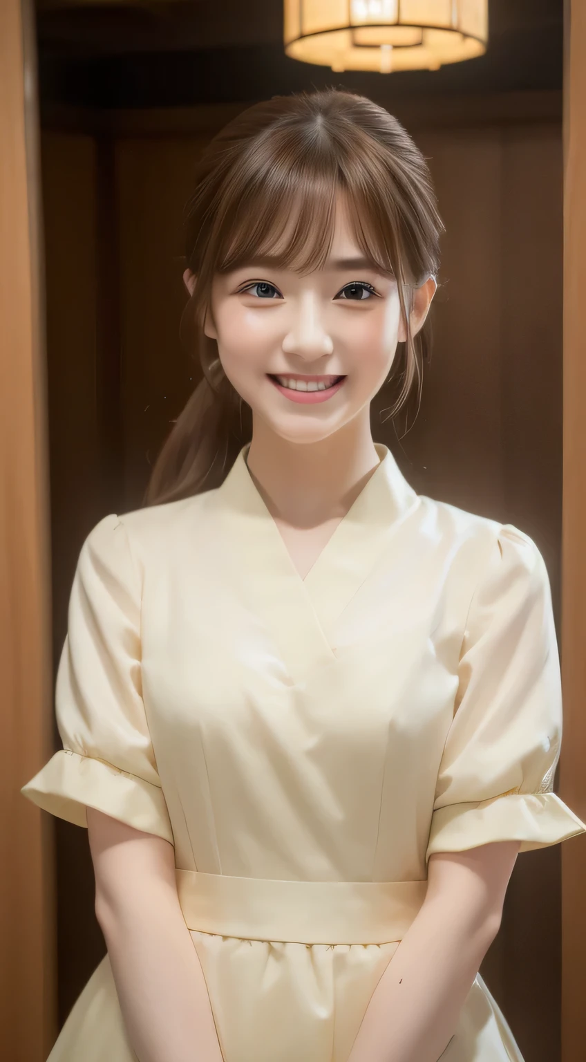 ((highest quality, 8K, masterpiece :1.3)), 1 Japanese girl, shy smile, whole body, slim face, ponytail,cute woman, (Pale brown hair), private server :1.1, super detailed face, Big eyes, double eyelid, blur background, slim face,, indoor, aquarium