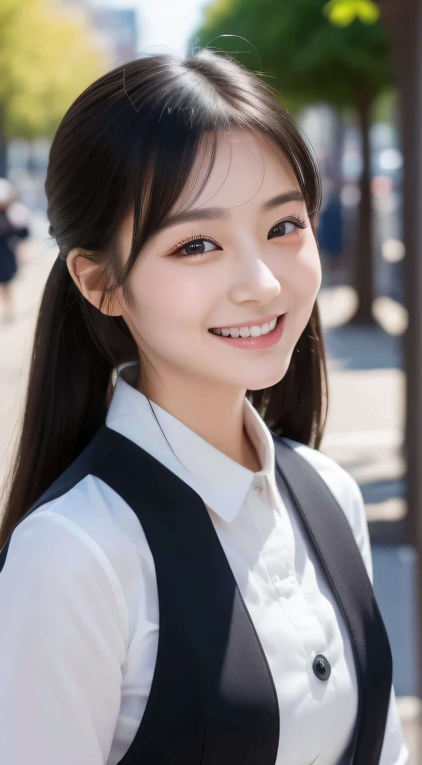 ((highest quality, 8K, masterpiece :1.3)), 1 Japanese girl, shy smile, whole body, slim face, ponytail,cute woman, (black hair), uniform :1.1, super detailed face, Big eyes, double eyelid, blur background, slim face, city, outside, street tree
