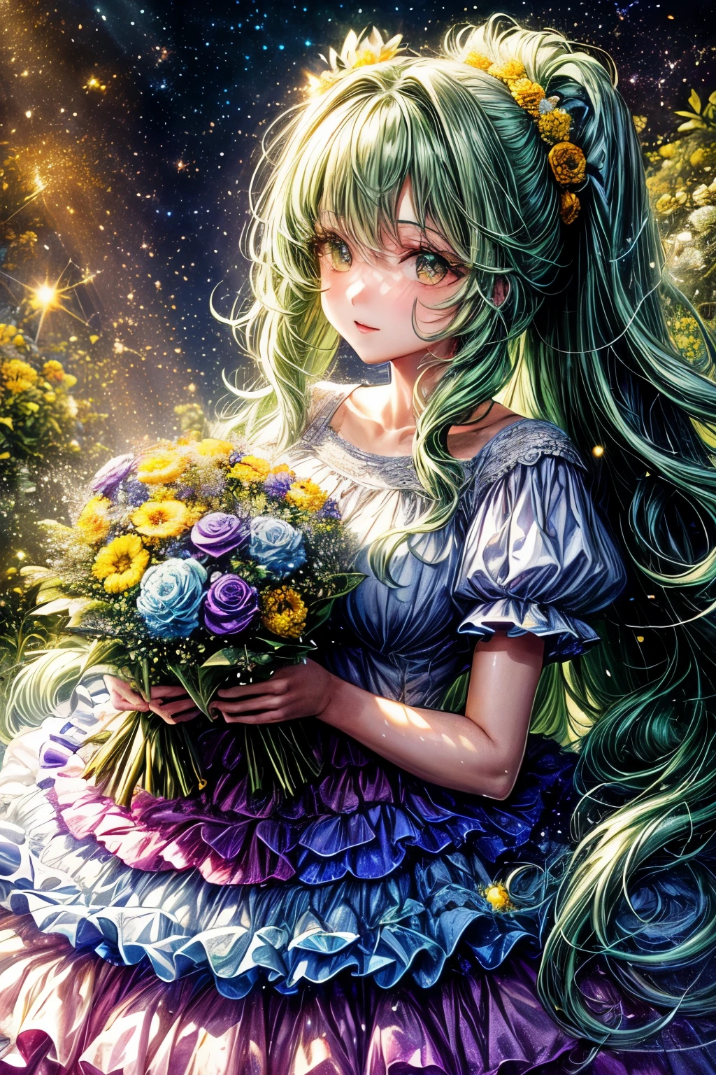 ((worst quality, low-quality)), ((girl)), Solo, (wedding dress), (((Longhaire, poneyTail, Green hair,):1.3)), (Big breasts), Hair over one eye, plump shiny lips, Beautiful clear eyes, Spoken Heart, Leaning forward, (Dynamic Pose:1.2), (((Beautiful colorful flowers, 1 large bouquet,Hold it with both hands:1.2))), Confetti, (Moon and majestic castle background), ((Shining moonlight)), (opal), (light Particle, light glow, llight rays:1.4), masutepiece,Best Quality,ultra-detailliert,