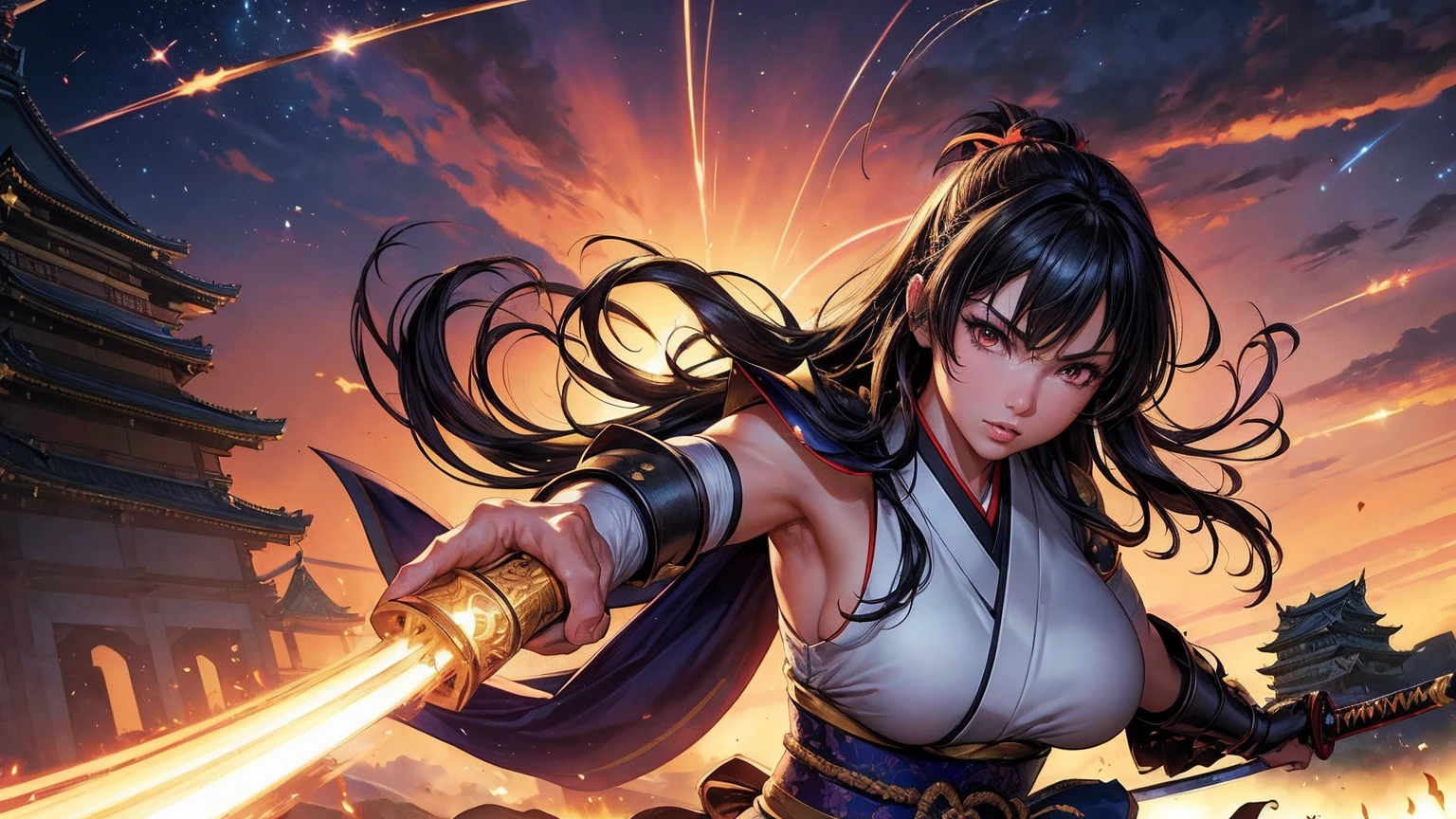 masterpiece,8k,best quality,ultra detailed,ultra highres,(1 Female kunoichi with 1Fairy),(swinging a shinning katana),(Equip a japanese armor),(rage:0.6),(upper body shot:1.2),black hair,Very Long Hair,brown eye,straight hair,(fire:1.1),(Burning-Edge:1.2),(sunrise),(((japanese castle))),(((courtyard))),(Shimmering Nightscapes),(Cosmic Whirl:1.0),(((Heroic pose))),(full lips:1.2),(Radiant Flares:1.2),(((war))),(((assault:1.3))),(((run:1.2))),(((low angle:1.2))),(((speed line:1.2)))