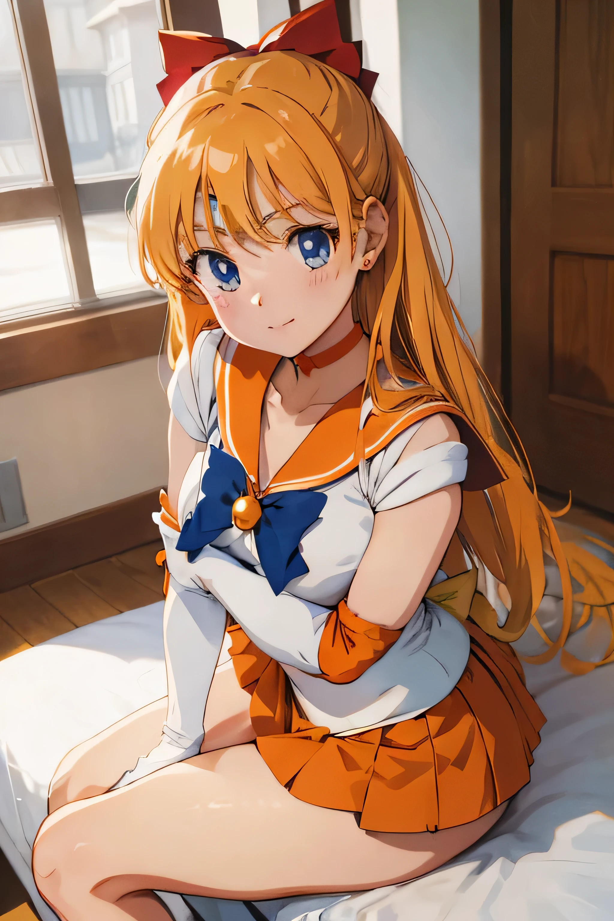 obra maestra, Mejor calidad, high resolution, SV1, Uniforme Marinero Senshi, falda naranja, guantes de codo, tiara, Collar marinero naranja, Arco rojo, gargantilla naranja, guantes blancos, joyas, (1990s \(Estilo\):0.9), Detalle de cara, session, piernas cruzadas , Show loot
