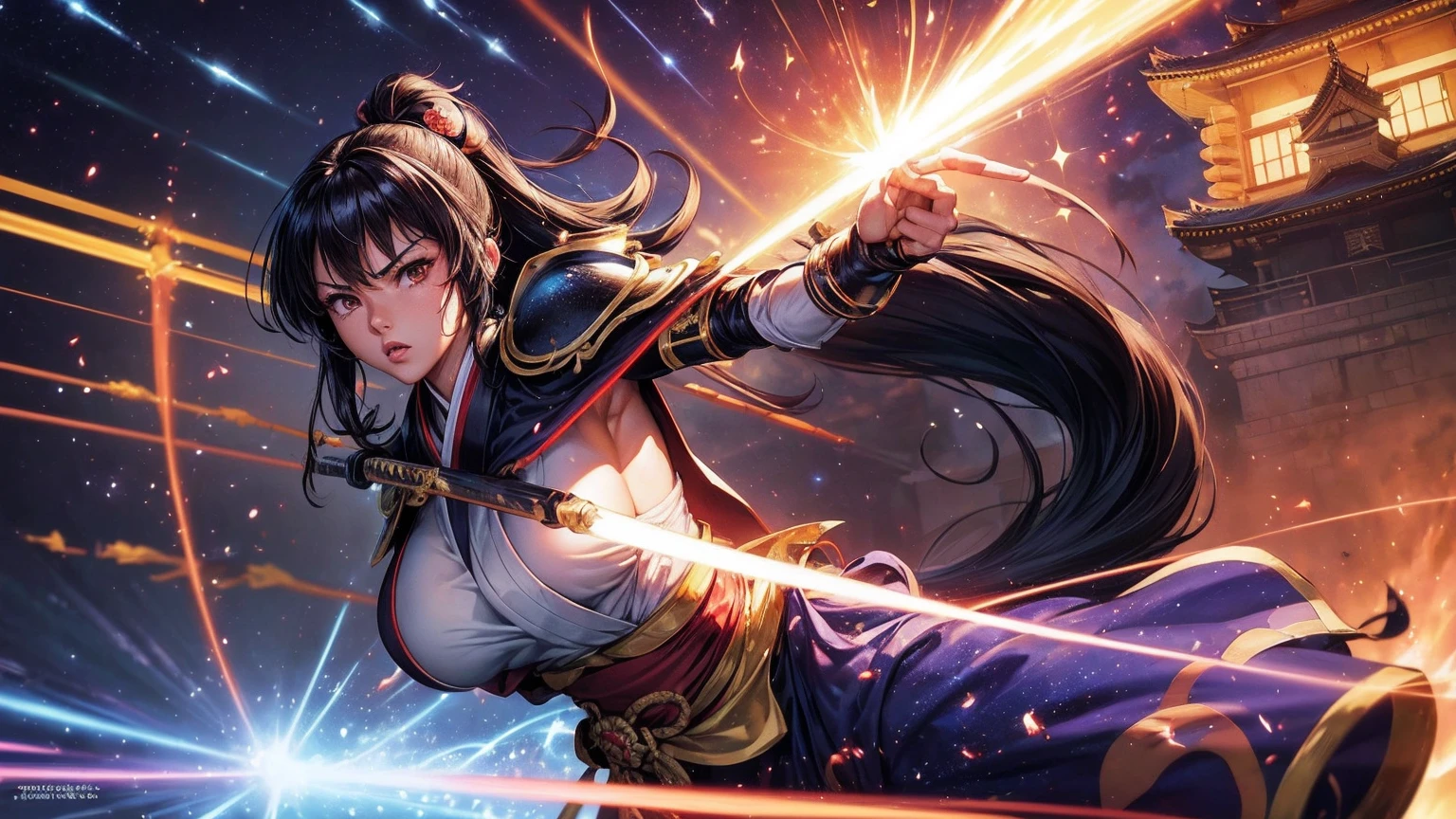 masterpiece,8k,best quality,ultra detailed,ultra highres,(1 Female kunoichi with 1Fairy),(swinging a shinning katana),(Equip a japanese armor),(rage:0.6),(upper body shot:1.2),black hair,Very Long Hair,brown eye,straight hair,(fire:1.1),(Burning-Edge:1.2),(sunrise),(((japanese castle))),(((courtyard))),(Shimmering Nightscapes),(Cosmic Whirl:1.0),(((Heroic pose))),(full lips:1.2),(Radiant Flares:1.2),(((war))),(((assault:1.3))),(((run:1.2))),(((low angle:1.2))),(((speed line:1.4)))