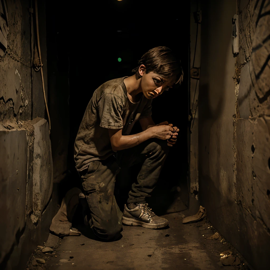 Scared malnourished young boy with dirty fave in underground tunnels