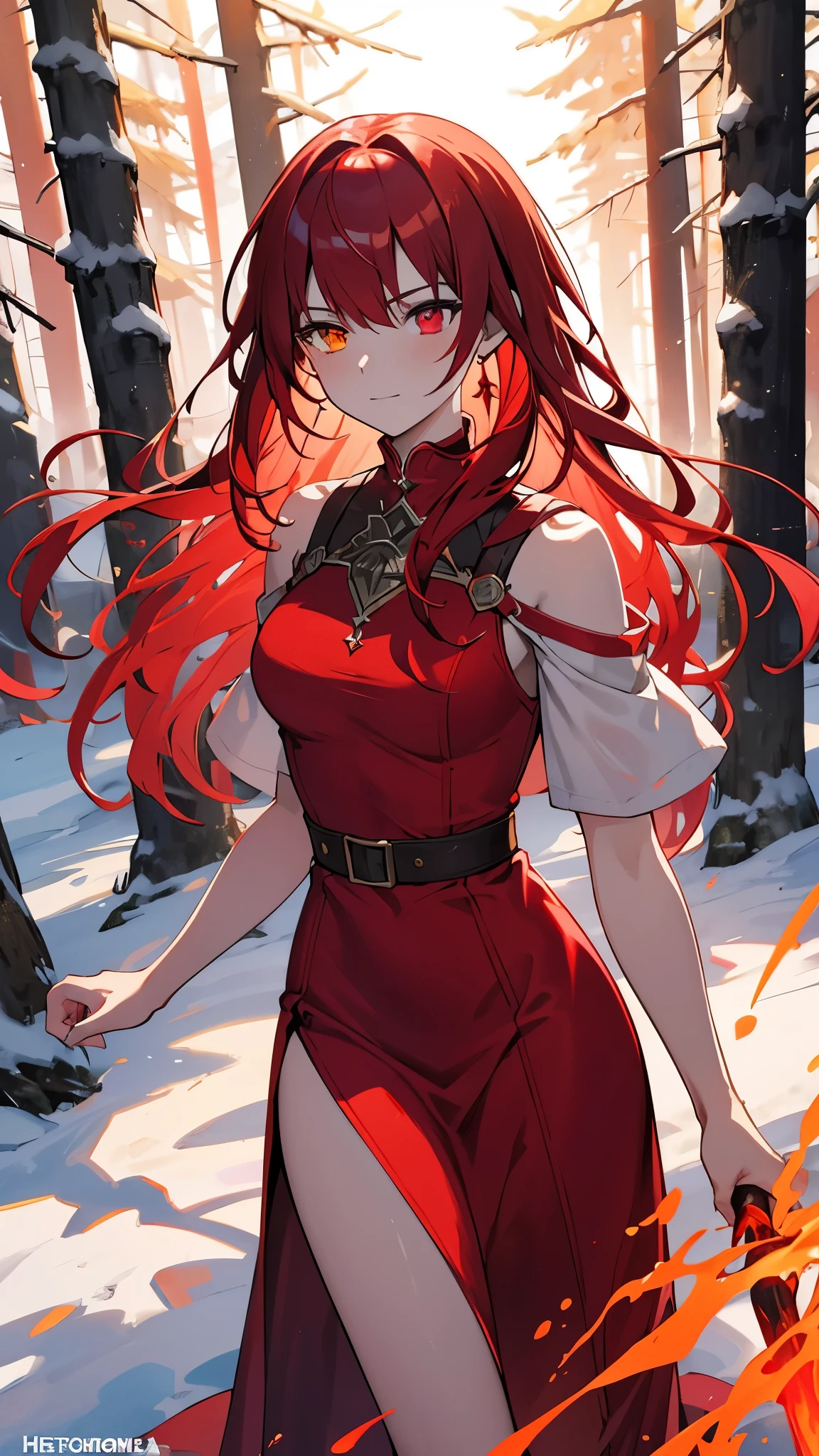 [[[ultra-detailed, best quality, soft skin, beautiful, 4K]]] portrait, red hair, crimson hair, red eyes, medieval long dress, walking, fire mage, fire dress, dress made of fire, heterochromia eyes, sinister, snicker, burned hands, sorceress, snowy forest background