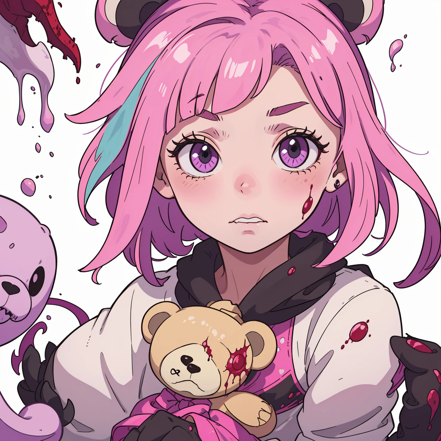 "A cute  with pink hair, green highlights, and purple eyes holds a terrifying-looking teddy bear with claws and blood splattered on it."