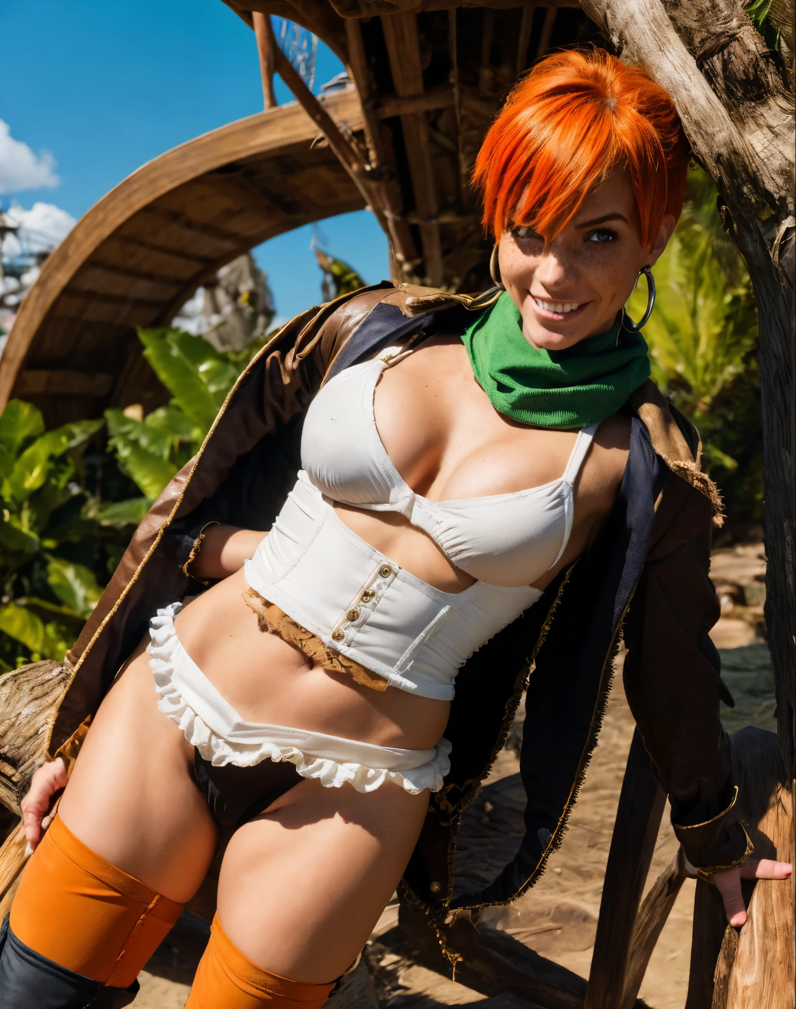 tracer,bulma,pirate outfit,jungle,pirate jacket,ager,green eyes,garter belt, thigh high boots,short hair,orange hair, pirate ship,shy smile,white striped top, bodycon skirt,freckles,redhead,pirate corset,beautiful girl,large breasts,ultra detailed,realistic,long scarf,pearl earrings,treasure island,