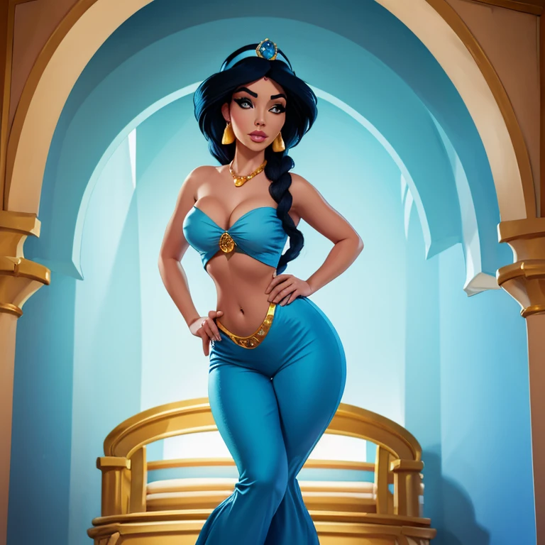 disney, princesa jasmine, roupa de odalisca azul, low-cut blouse and blue pants, thin chest, seios redondos, cintura fina, coxas grossas.