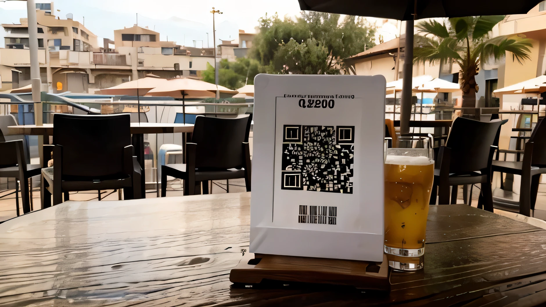 a QR code stuck on a bar table, en la terraza de ese bar