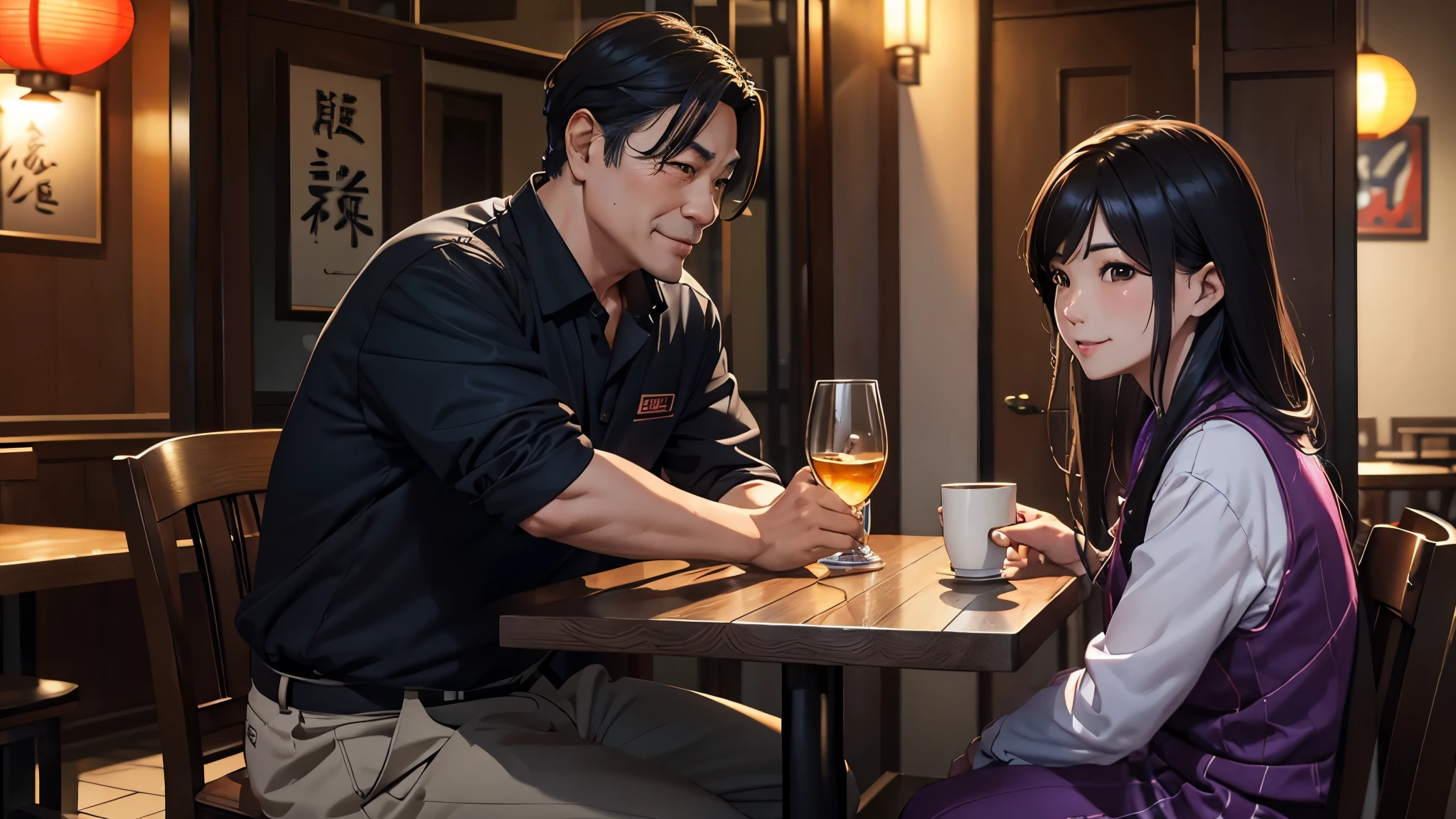 Middle-aged man, Li Ming, Li Ming old man.entering the restaurant and sitting opposite Xiao Yun, smiling subtly::soft lighting::anime style --ar 16:9 --seed 2903003867