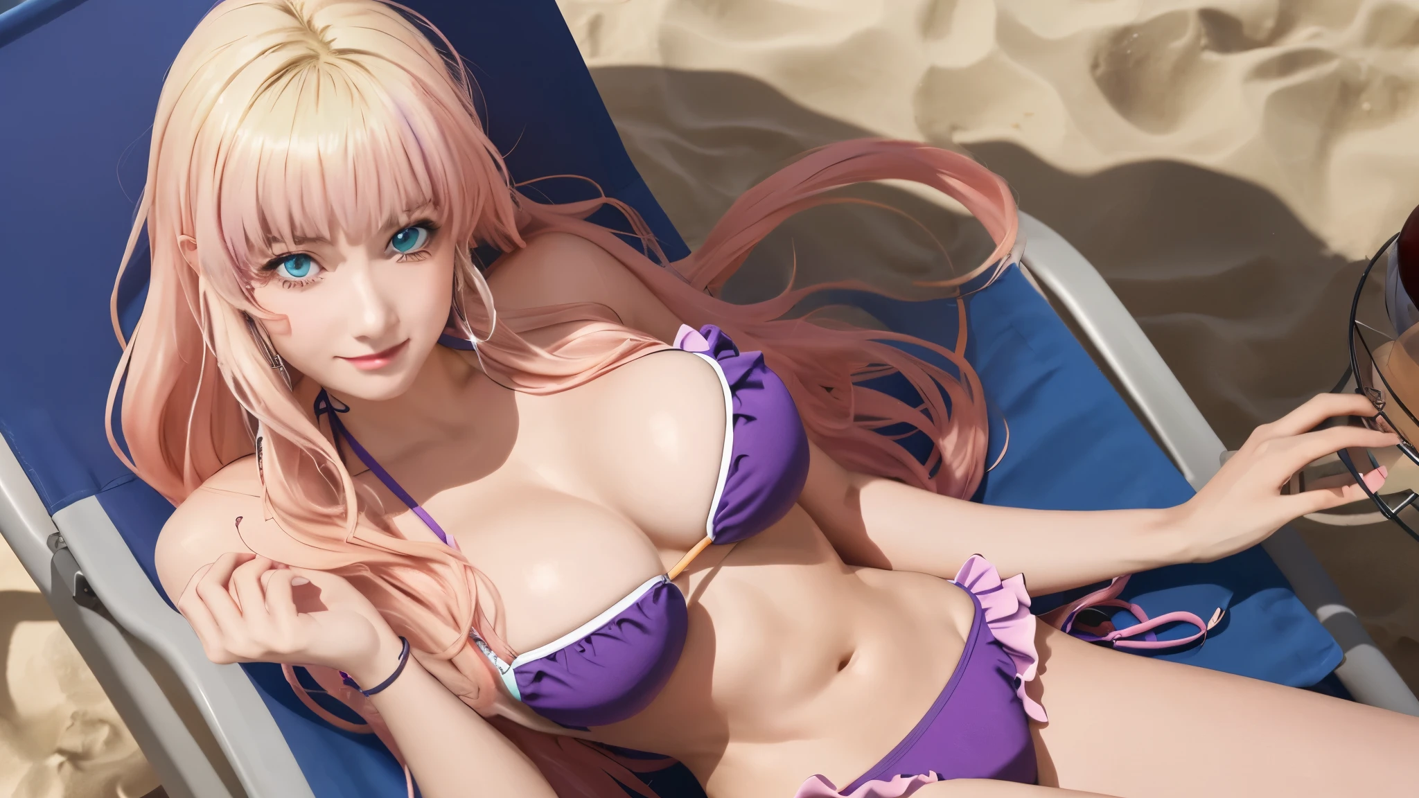 highest quality, 8K, Super detailed, photorealistic, (anime:1.1), highest quality, masterpiece,1 girl, sherly nome, colorful hair, blonde hair, pink hair, gradient hair long hair, big breasts, blue eyes, mature woman, looking at the viewer, smile, Upper body, (light purple ruffle bikini:1.3), (beach background:1.3), (lie face down on a beach chair:1.2), Side table