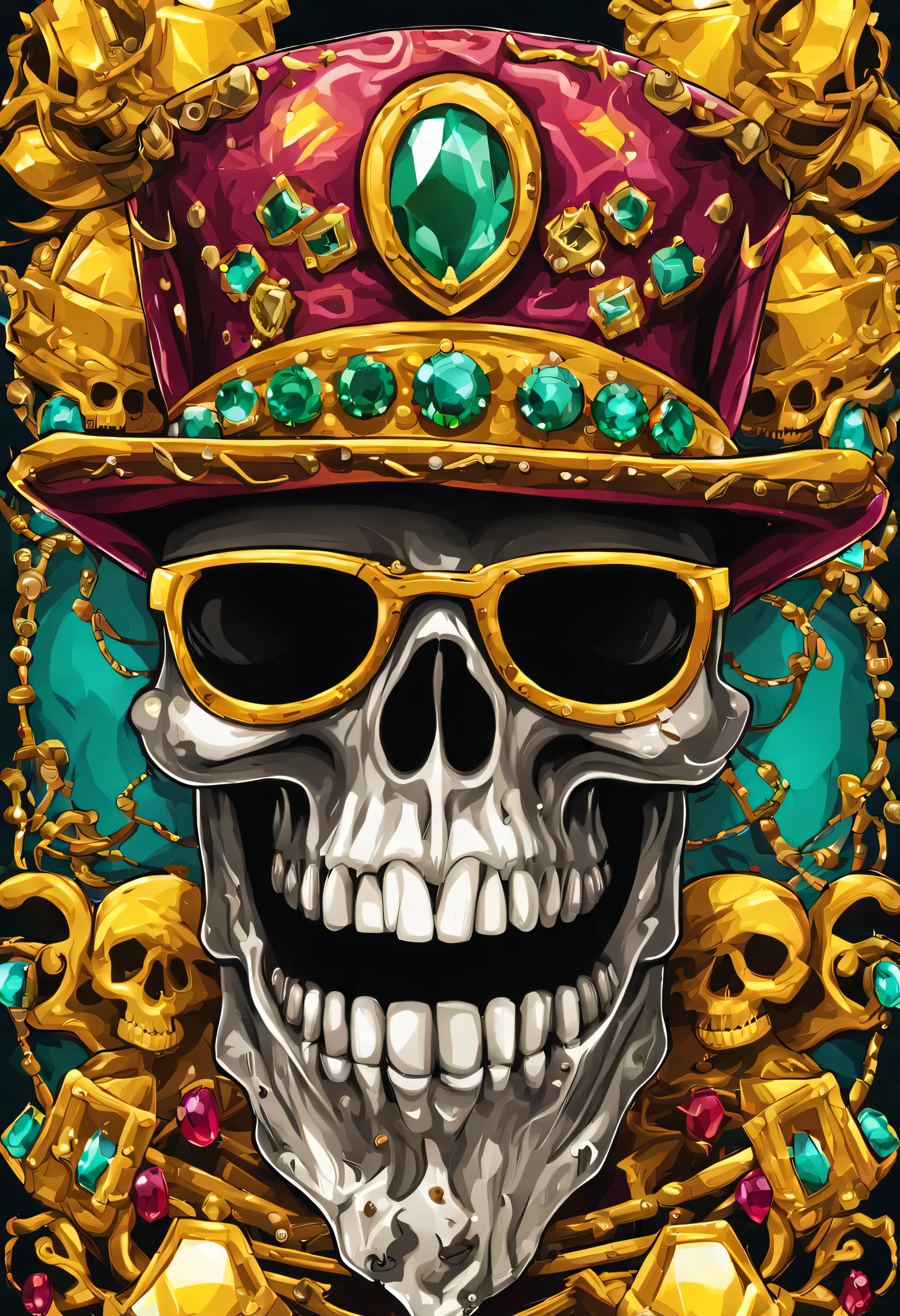 T-shirt art vector ready to print colorful graffiti illustration of yellow pirate skull and hat decorated with jewels of precious rubies and emeralds and skeleton beard decorated with yellow diamonds, teeth of beautiful stone jewelry, front perspective, action shot, vibrant color And welding, high detail, white background