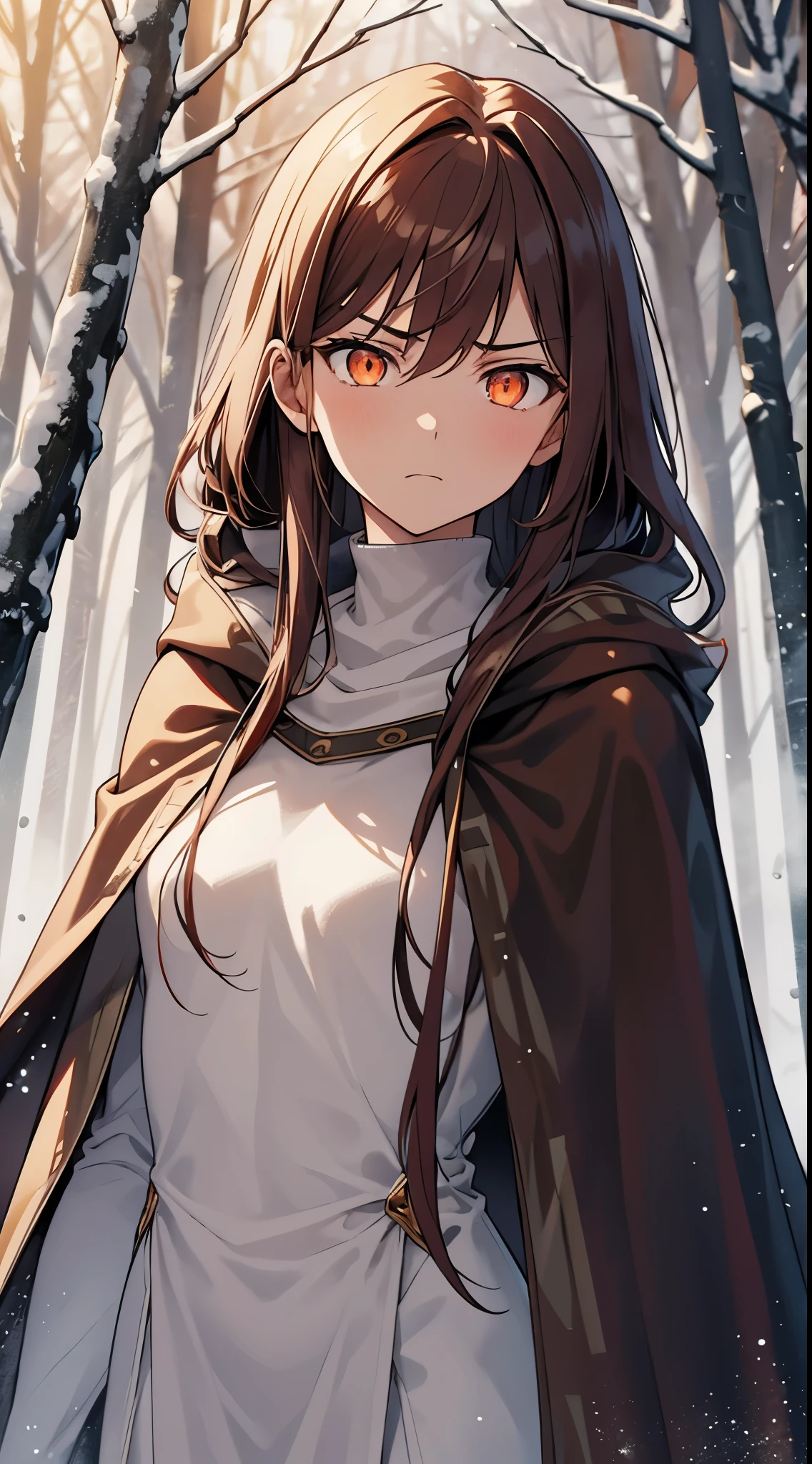 [[[masterpiece:1.2 ultra-detailed, best quality, soft skin, beautiful, 4K, high definition]]] portrait, auburn hair, amber eyes, ((glowing eyes)), long hair, slender body, barrettes, serious expression, elegant, dignified, masterpiece, medieval, winter robes, snowy forest background, brown cloak, cloak down, angry, defiant 