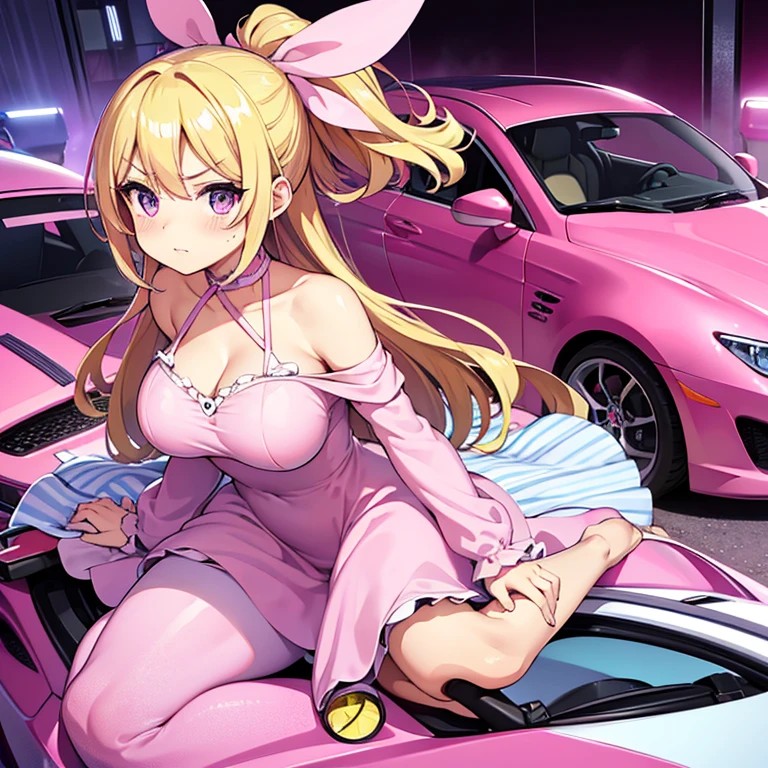 a pink car buggati, a waifu oppai, angry, hair blonde with hair highlights pink, blue and pink eyes, pink and white dress, kawaii