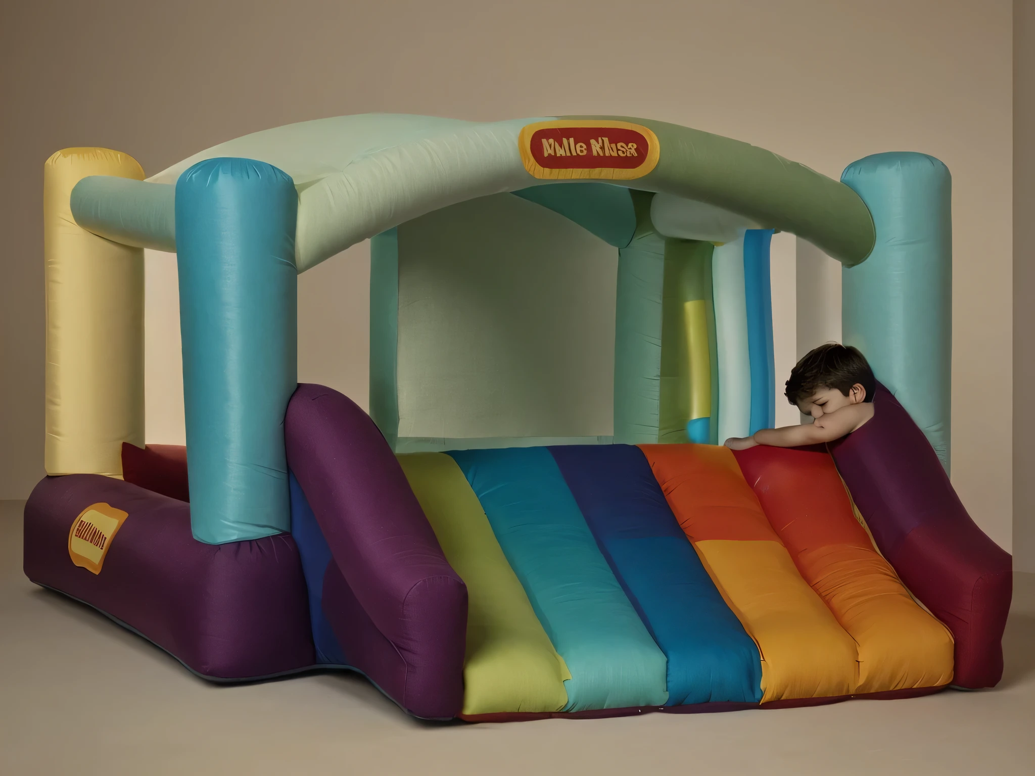 Boy playing on a colorful inflatable